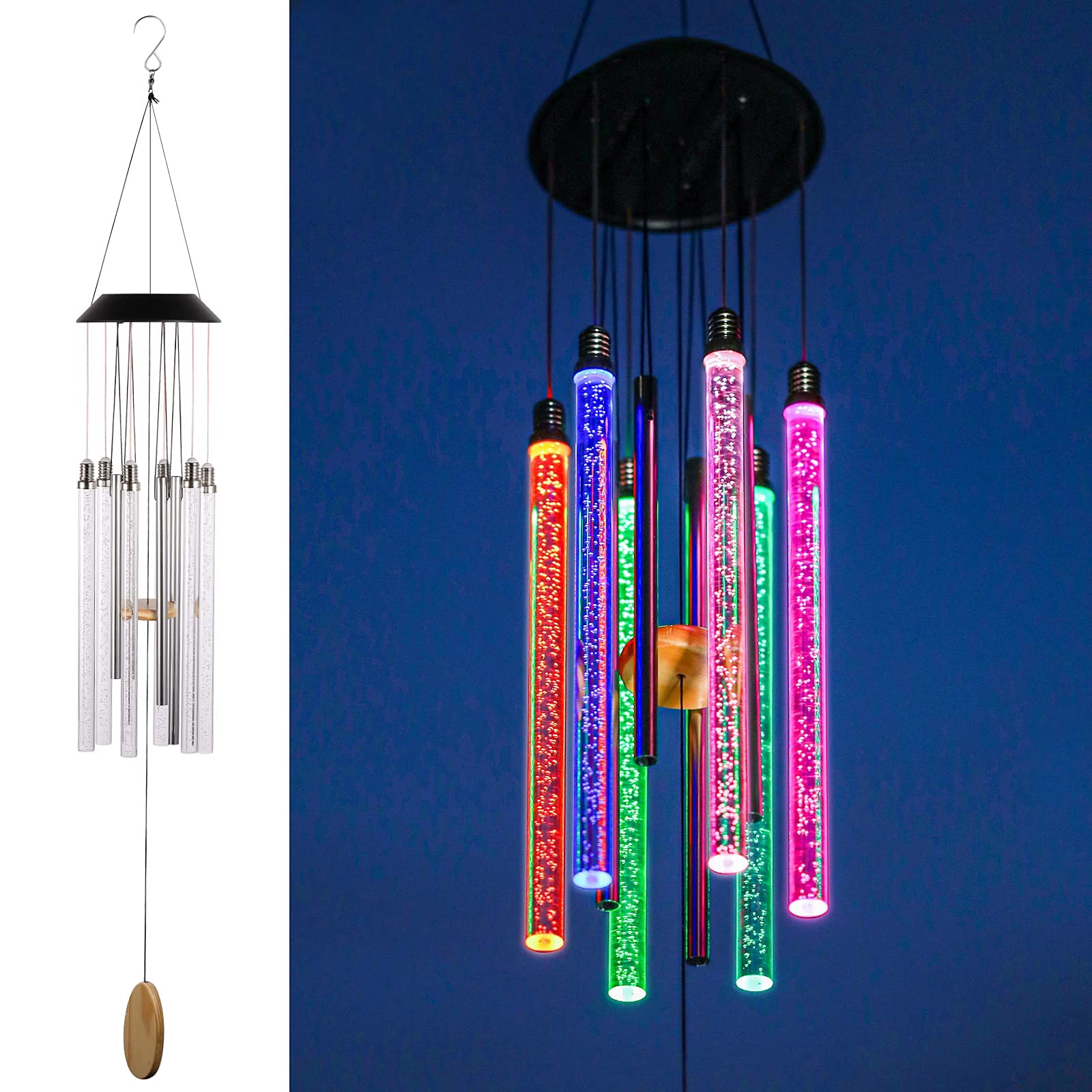 AzoneeSolar Wind Chimes for Outside, 6 LED Tubes Color Changing Outdoor Clearance Unique Garden Decor Colorful Patio, Waterproof & Sunscreen Intelligent Optical Control Gifts for Her/Him (37" Long)