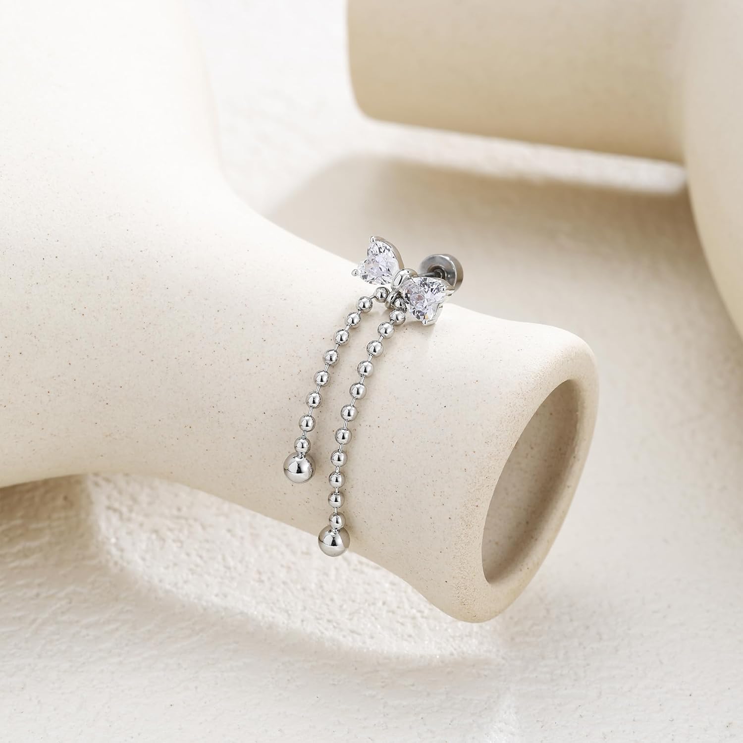 Hanreshe Helix Earrings for Women Flat Back Bow Hidden Helix Earring Dangle Drop Tassel Chain Cubic Zirconia - Image 6