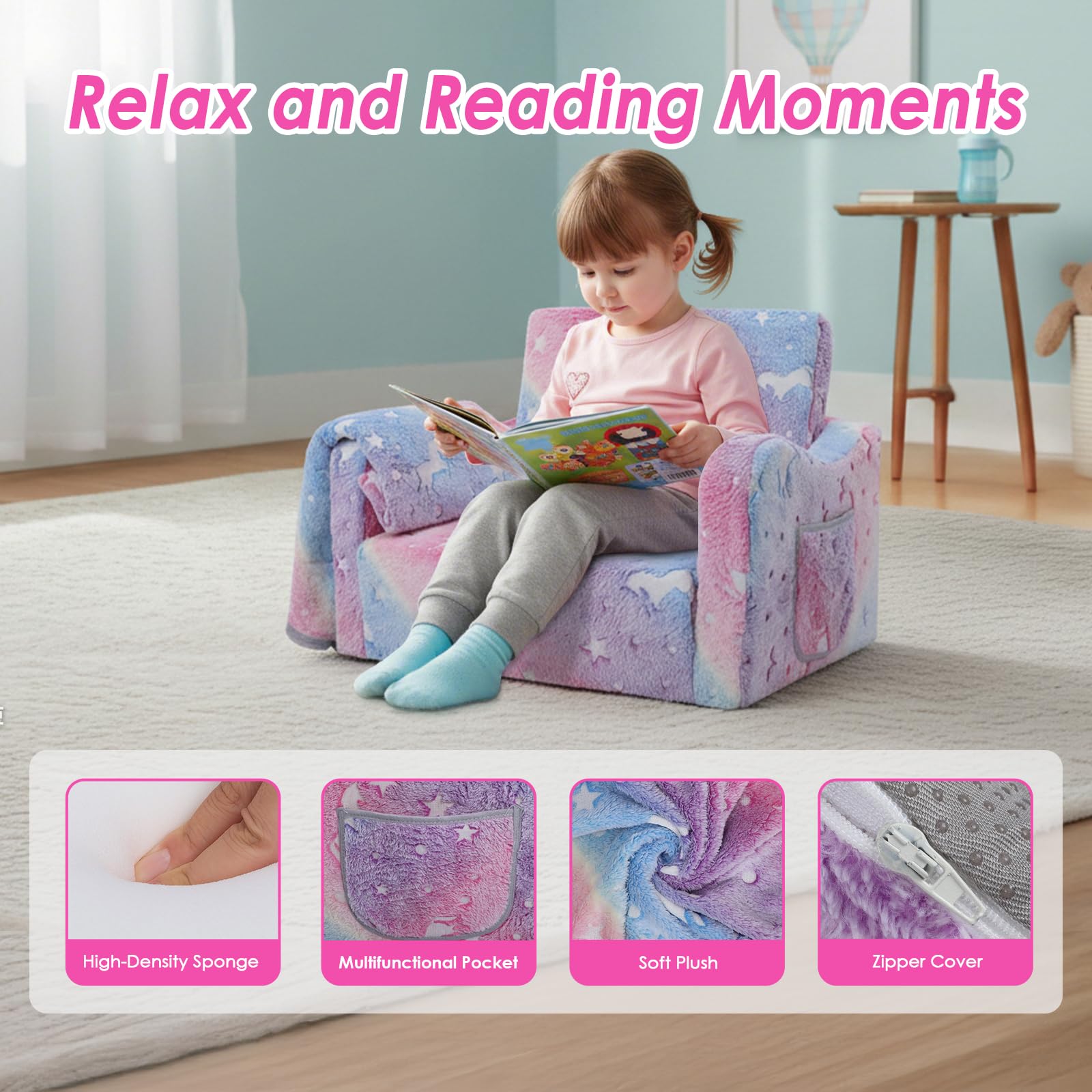 Convertible Sofa para Niños 2 en 1,Suave Cómoda Sofa con Manta para Niñas y Niños,Brilla en la Oscuridad Silla Plegable Niño para Dormitorio Sala de Juegos,Rosa Unicornio