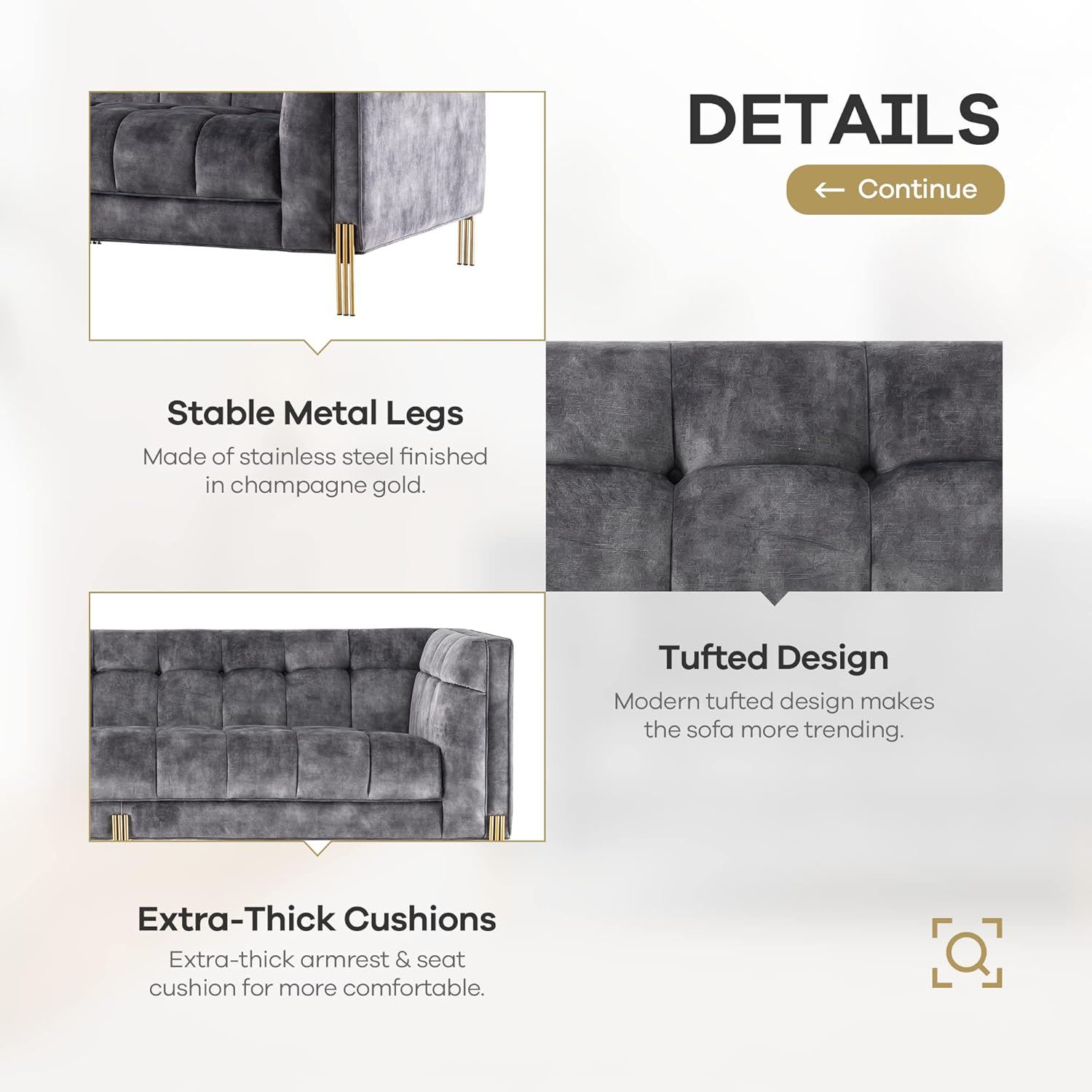 Acanva Luxury Modern Mid-Century Square Tufted Velvet Small Sofa for Living Room Bedroom Furniture, 74”W Loveseat, Deep Grey