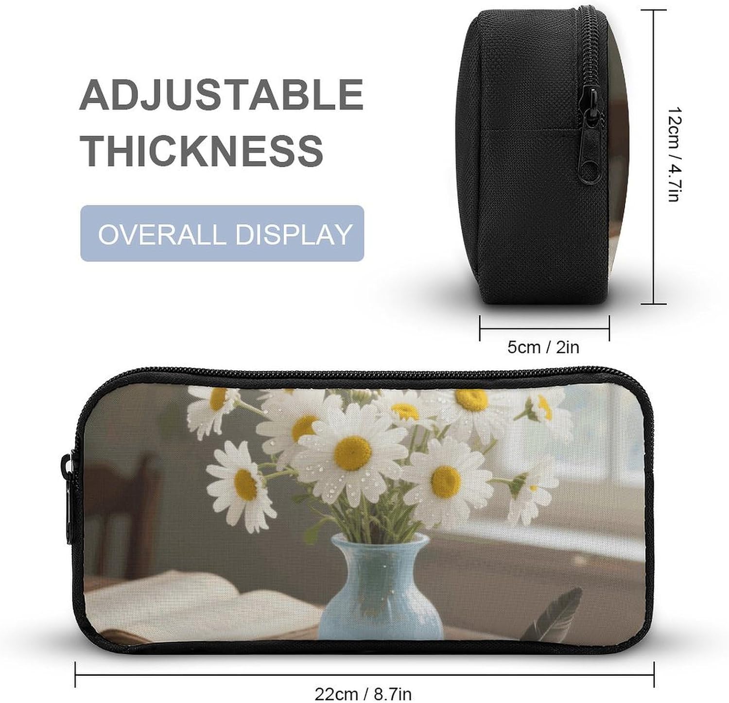 Elegant Spring Daisy Flowers Pencil Case Large Pencil Bag with Zipper image 2