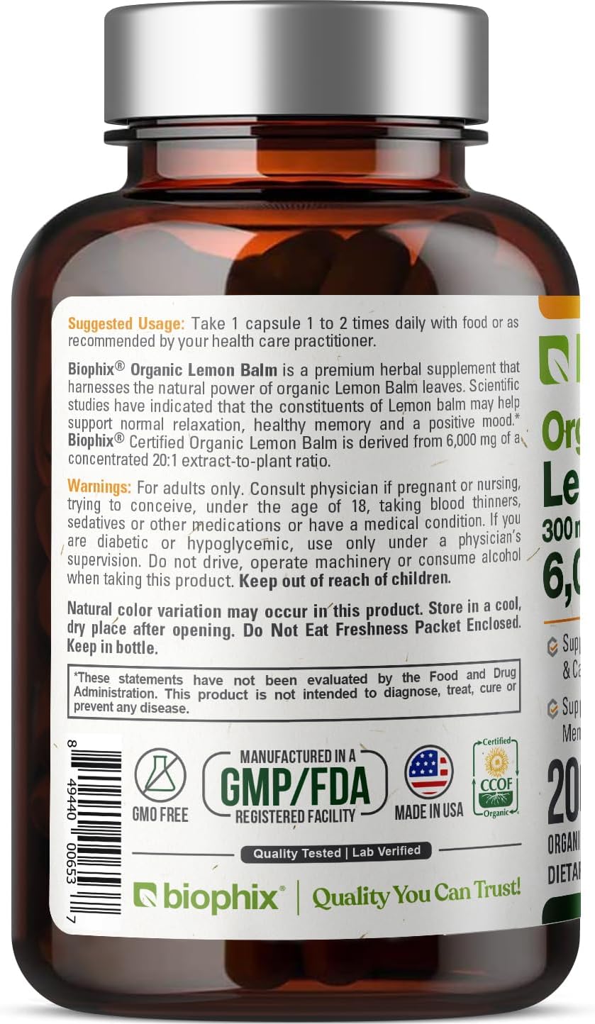 biophix Lemon Balm Capsules USDA Organic 20:1 Extract 300 mg 200 Veggie Caps - Cognitive Health Stress Sleep Mood Support Natural Herbal Supplement - Image 9
