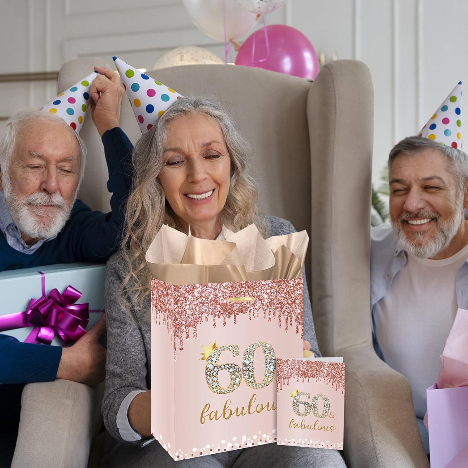 GOLDCROW Rose Gold 60th Birthday Gift Bag for Women - Large Pink With Handles, Wrapping Paper and Card for Party Decorations and Supplies - Image 6