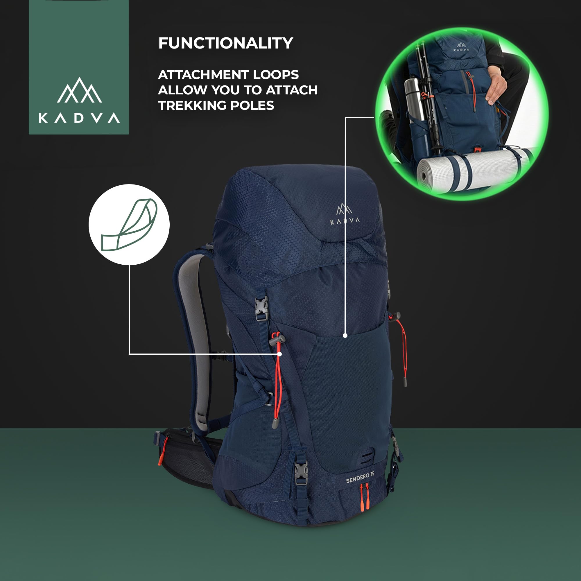 KADVA Plecak trekkingowy Sendero 35 l, system nośny WindspIRE, wentylacja i niewielka waga, hydrofobowy, regulowane pasy biodrowe i piersiowe, odblaskowe detale, dolne paski