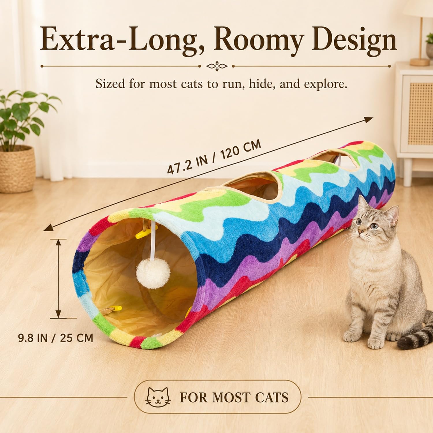 Tubo de túnel plegable con bolas de felpa, para mascotas pequeñas, conejos, gatitos, hurones, cachorros y perros, color arcoíris