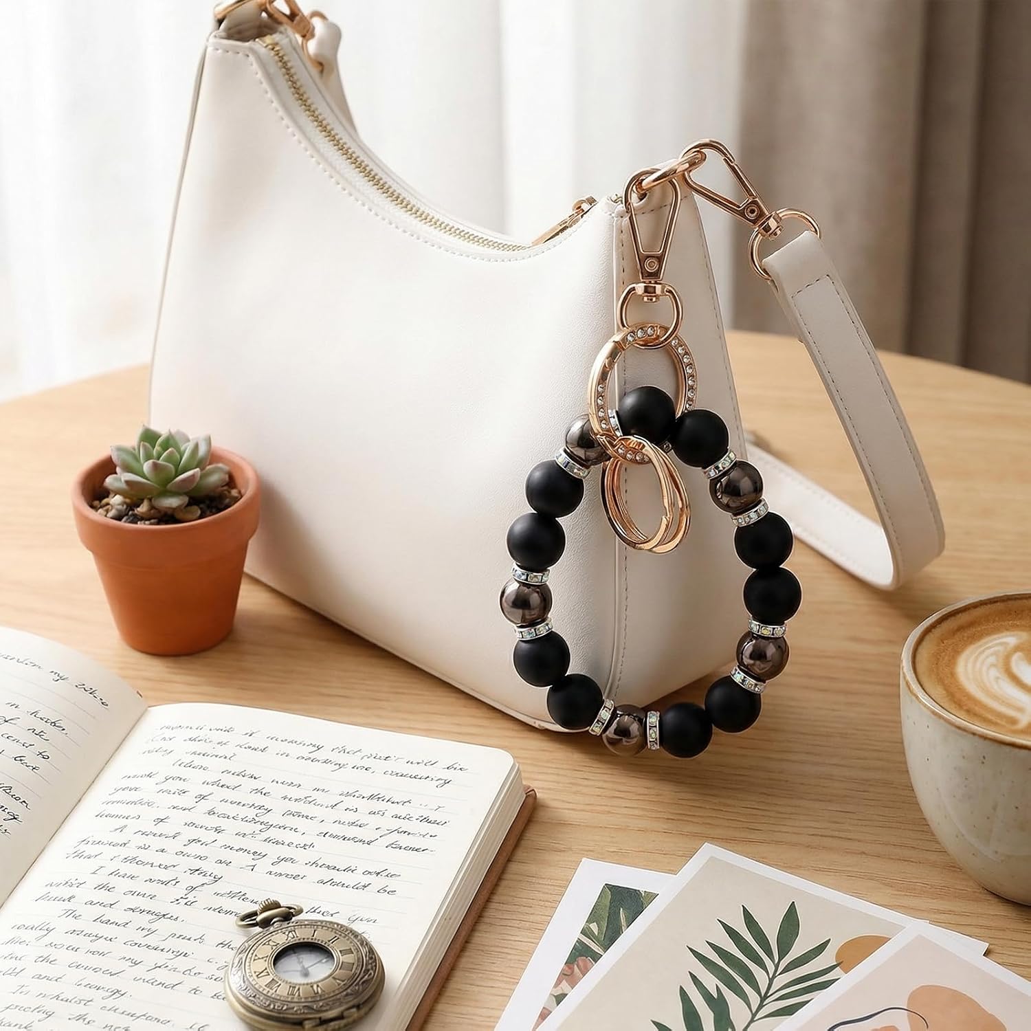 Wristlet Keychain for Women, Cute Silicone Beaded Key Ring Bracelet Elastic Key Holder for Car Keys Gift