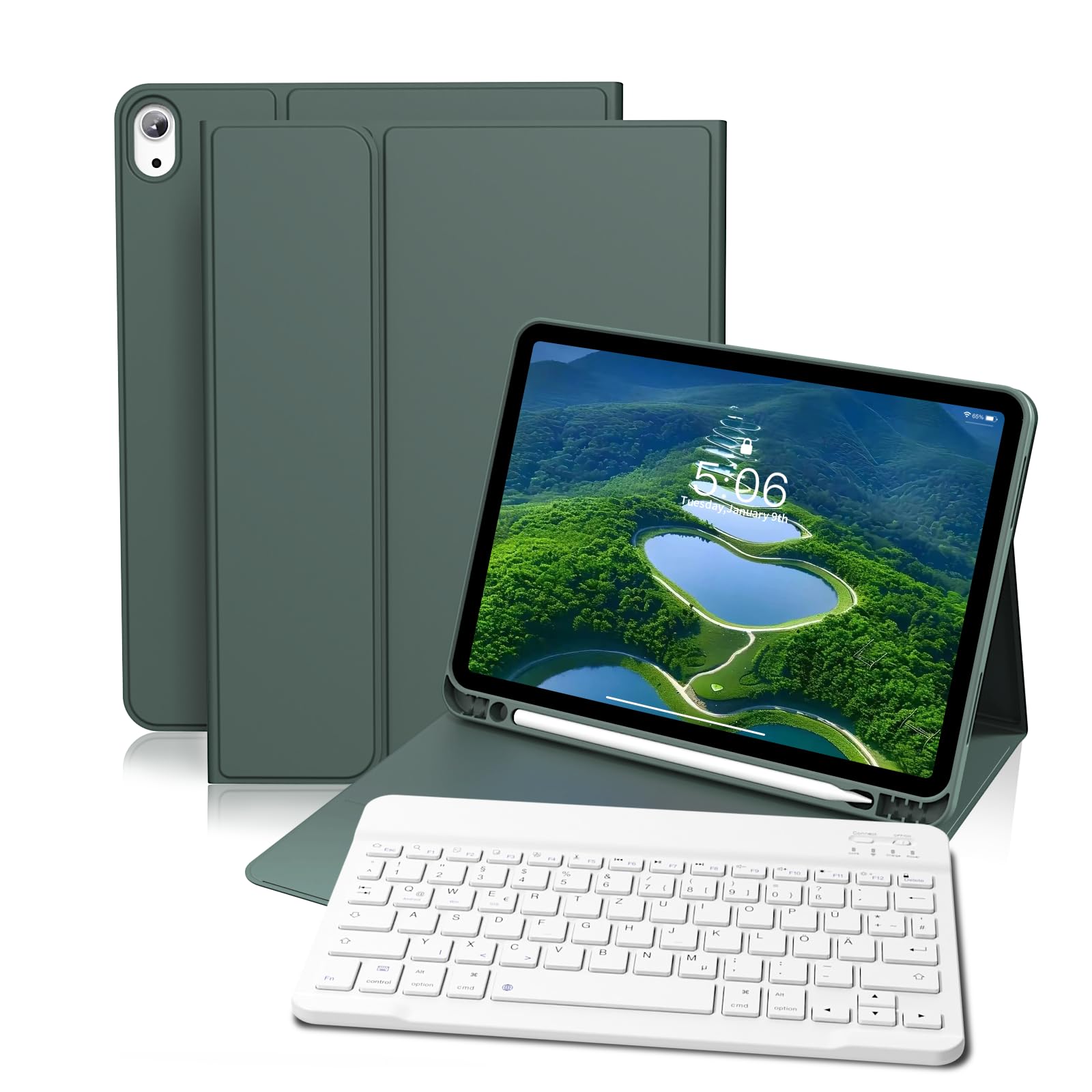GKABXY Hülle mit Tastatur für iPad (A16) 10/11 Generation, 10.9/11 Zoll, (2022/2025), Soft TPU Rückseite Gehäuse mit Stifthalter, Magnetische Abnehmbar Bluetooth Tastatur, QWERTZ-Layout, Nachtgrün