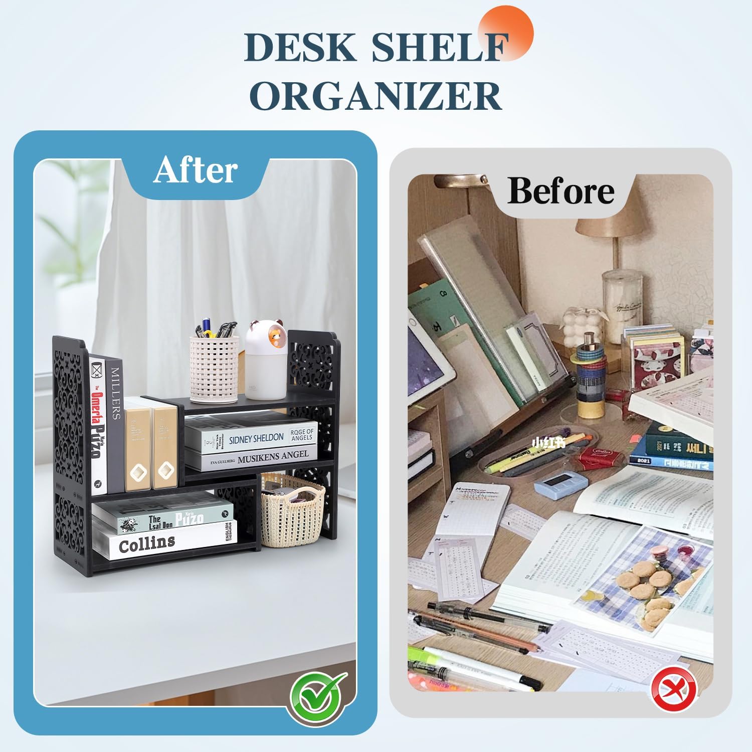 EARTHSON Desk Organizer Shelf, Expandable Bookshelf for Desk, Small Desktop Bookshelf, Mini Cute Adjustable Office Desk Shelves, Black