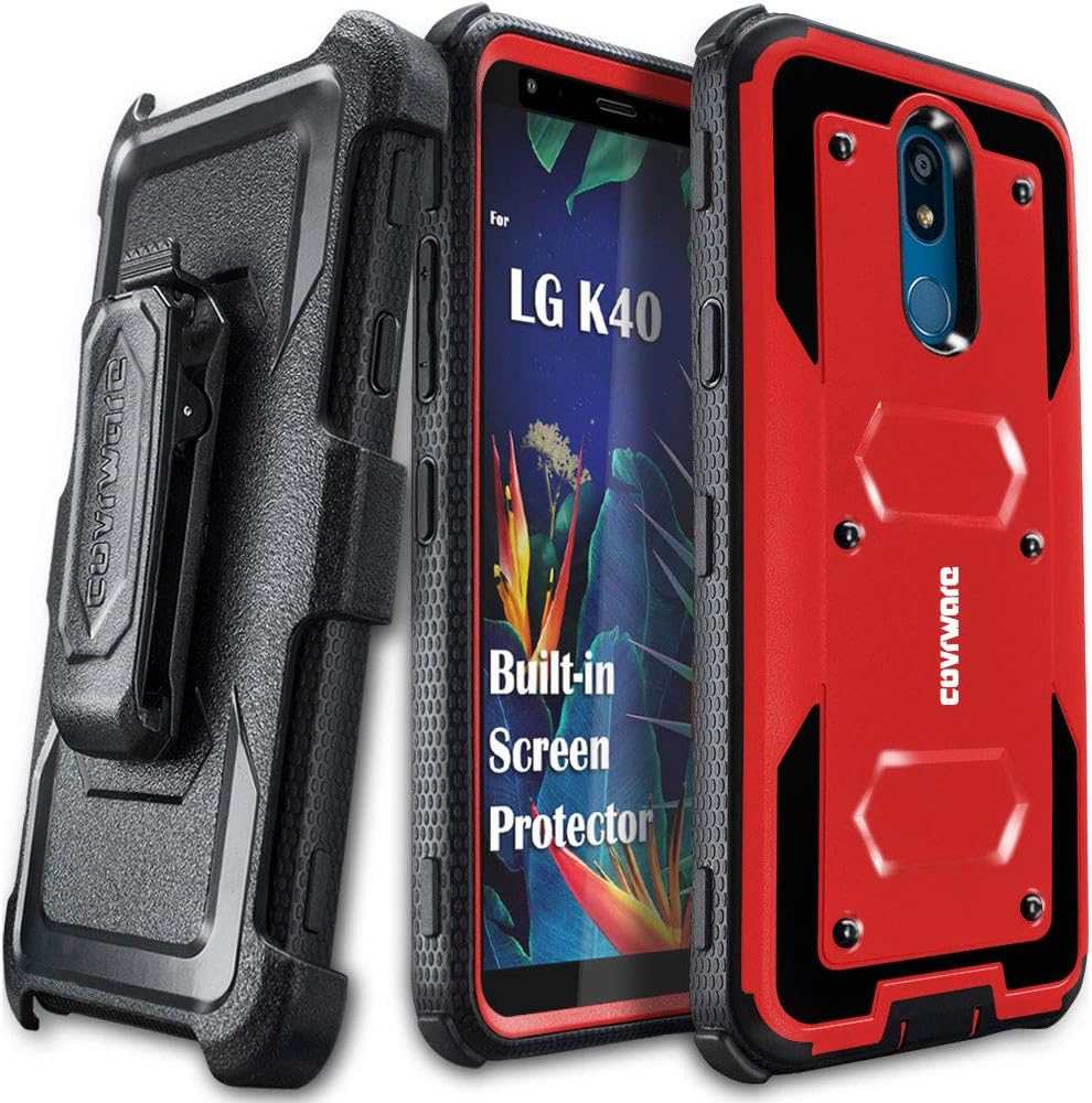 COVRWARE Aegis Series Case for LG K40 / Xpression Plus 2 / Harmony 3 / Solo LTE / K12 Plus / X4 2019 Built-in Screen Protector Heavy Duty Full-Body Rugged Holster Armor Case Belt Clip Kickstand, Red