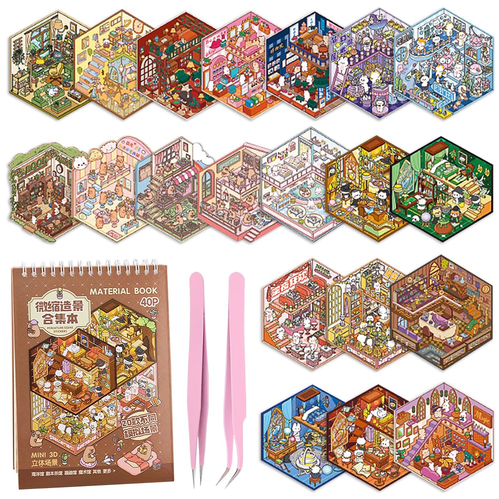HAJXXMM 3D Sticker Scene Book, 20 Sets DIY 3D House Stickers Kit, Sticker Scene, Room Sticker Book, Stress Relief Sticker Scenes with Tweezers Creative Reusable DIY Stickers Therapy