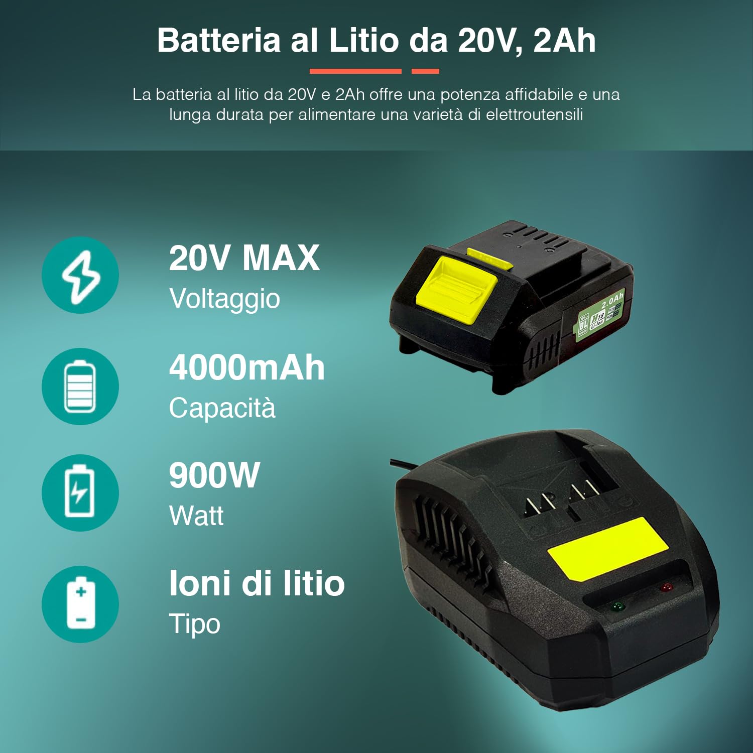 Set Batteria al Litio e Caricabatteria per Elettroutensili, Protezioni Sovraccarico e Sovrascarico - 20V, 2Ah con Indicatore LED, Batteria con Carica in 45 Min
