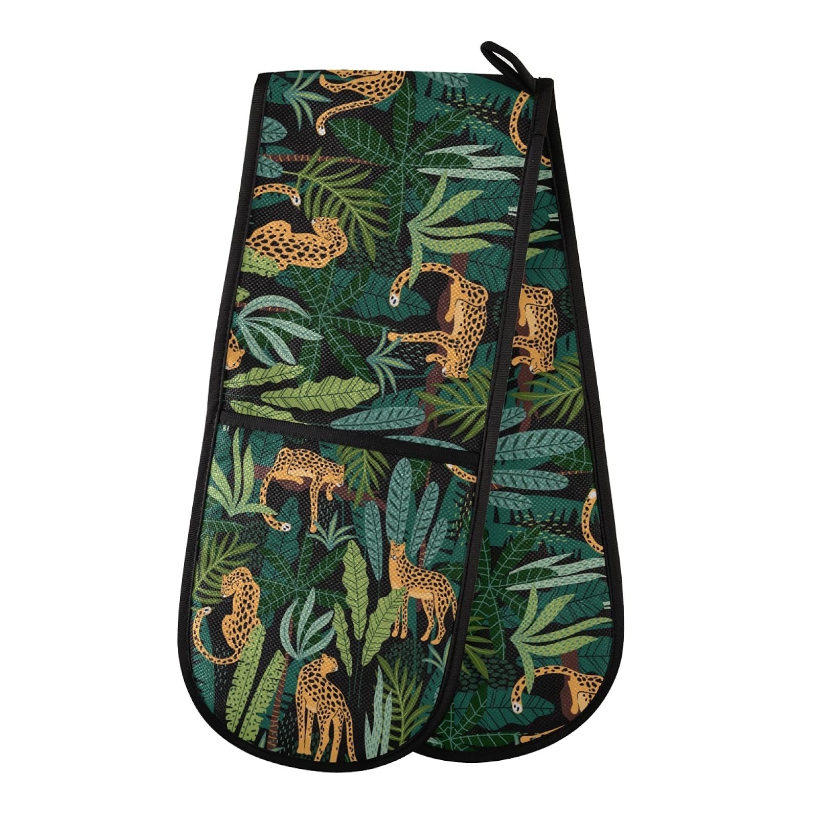 PUXUQU Oven Gloves Double Oven Mitts Gloves, Tropical Leaves Animal Leopard Heat Resistant Oven Gloves for Baking BBQ Kitchen Cooking Gloves