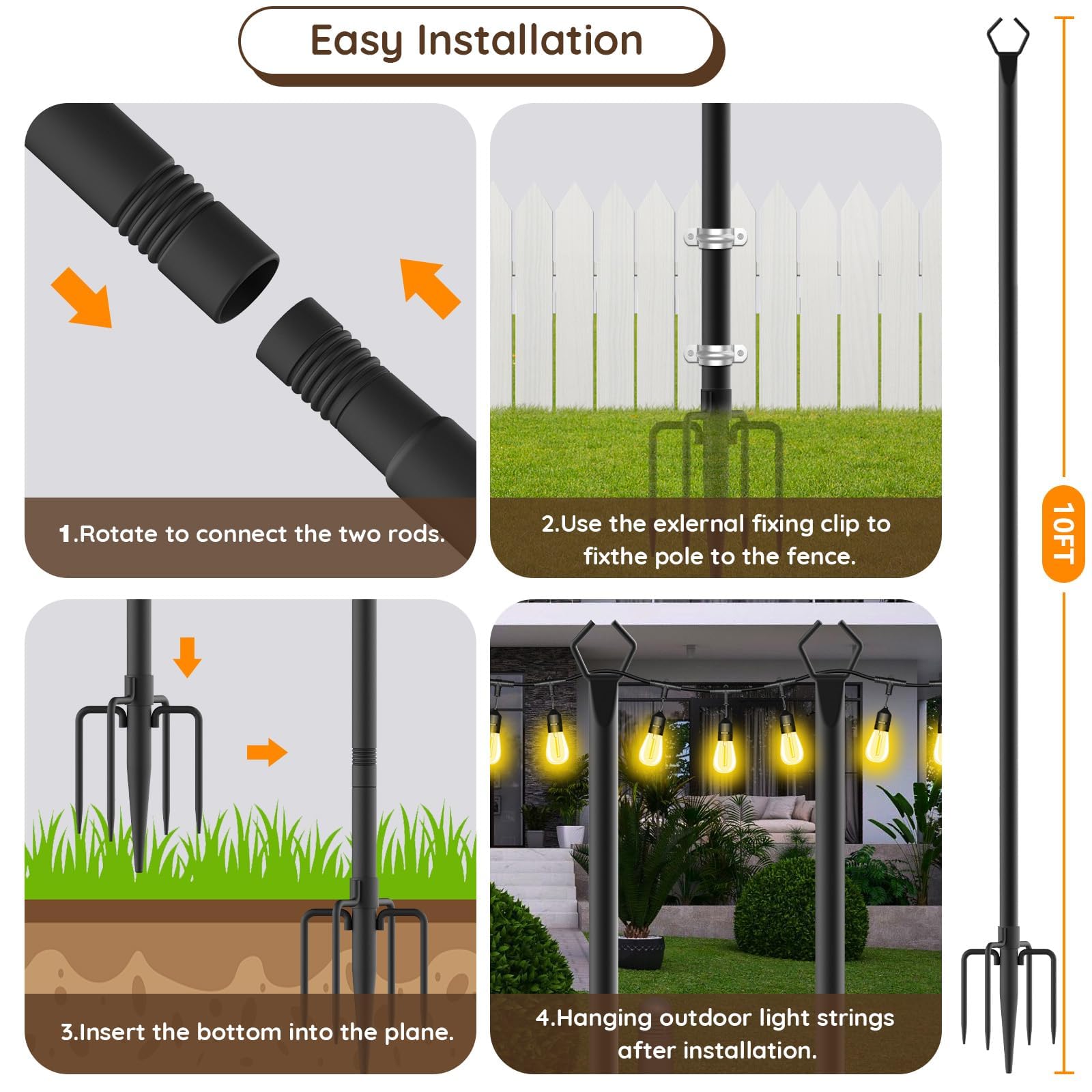 Confezione da 4 pali luminosi da 3 m, pali luminosi per luci esterne, con staffe per recinzioni, luci a sospensione, supporto in metallo, terrazza, cortile