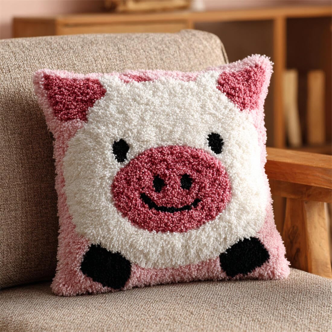 Kitquiver Animal Latch Hook Cushion Kits Cartoon Pig DIY Latch Hook Rug Kit for Beginners Embroidery Cushion Canvasfor Adult Beginners 17x17In
