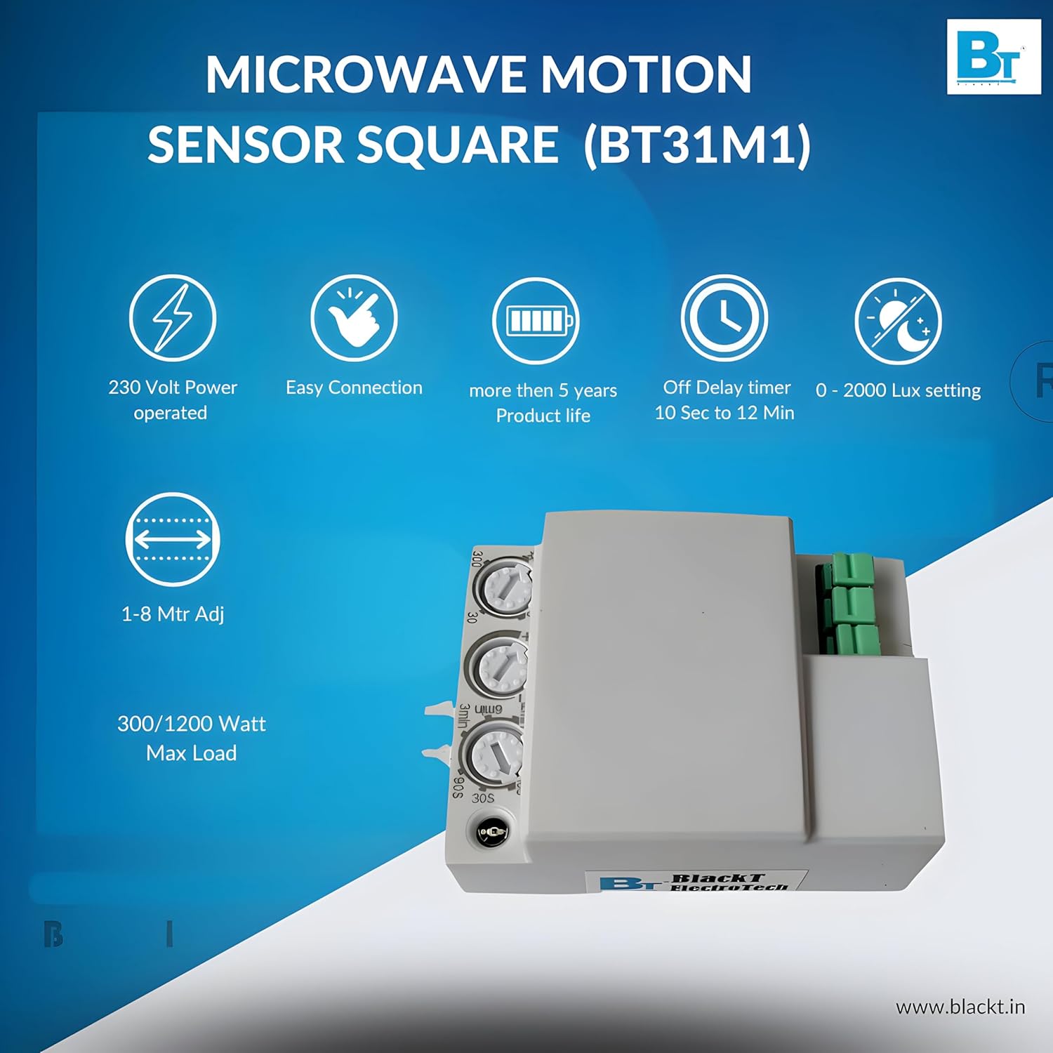 Blackt Electrotech 360 Degree Sq Type Microwave Motion Sensor with Light Sensor (Plastic, White) - 1 x Microwave Sensor Unit, 1 x Ceiling Fitting Plate, 1 x Instionas Manual, 2 x Mounting Screw Bill Blackt Electrotech 360 Degree Sq Type Microwave Motion Sensor with Light Sensor (Plastic, White) - 1 x Microwave Sensor Unit, 1 x Ceiling Fitting Plate, 1 x Instionas Manual, 2 x Mounting Screw Bill