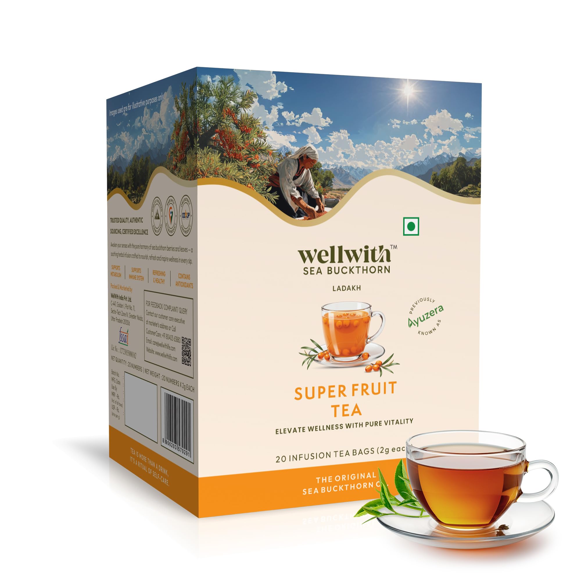 Wellwith Sea Buckthorn Super Fruit Tea | Seabuckthorn berry and Leaves |Natural Herbal Drinks |Rich in Antioxidants, Vitamin C & Omega 7 | Supports Immunity & Glow | 20 Tea Bags(2g Each),Pack of 1-image-22