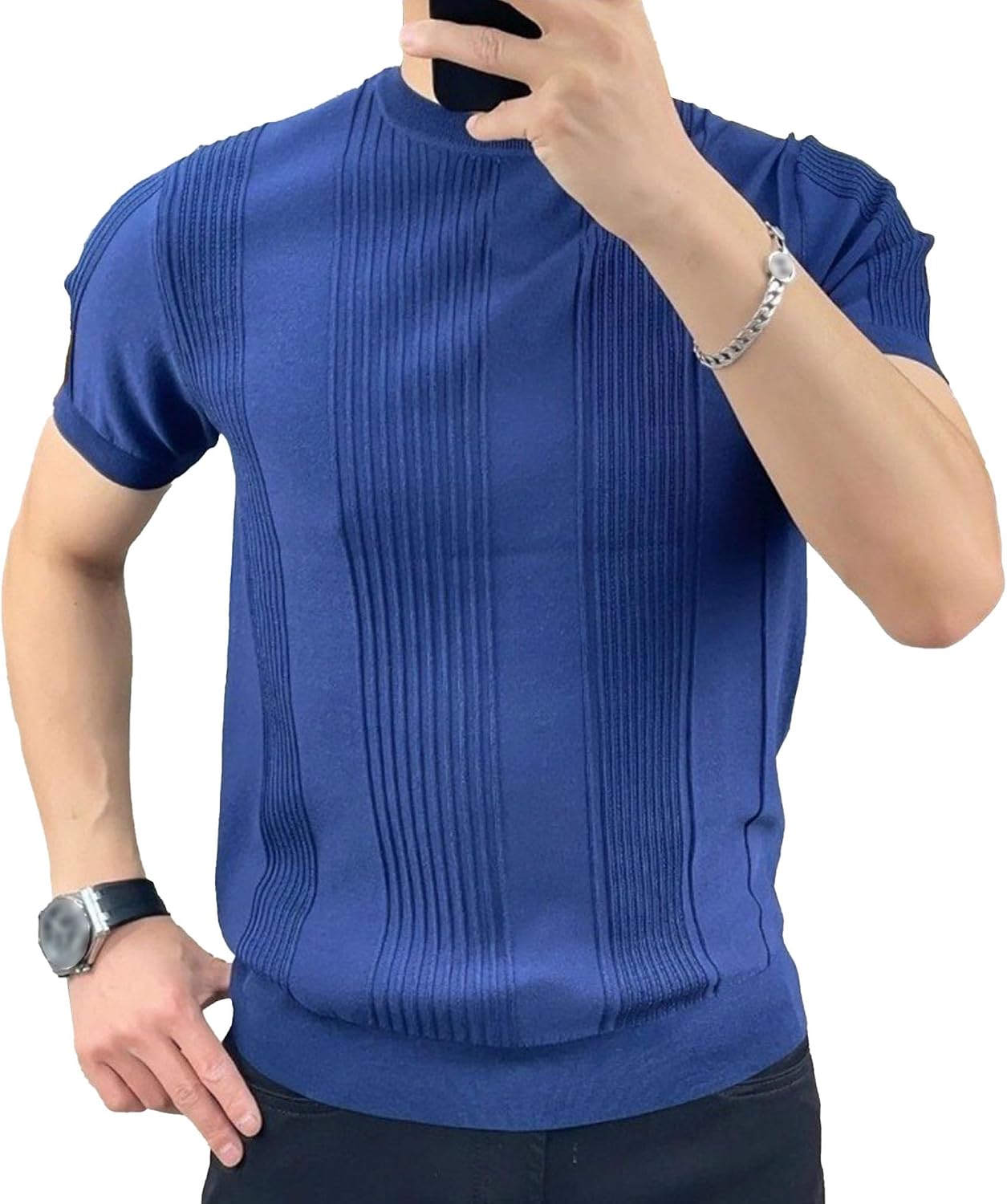 Men Knit Striped Buttons Shirt Relaxed Lightweight Stretch T Shirts Casual Slim Fit Knit Tees