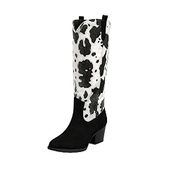 Womens Western Cowboy Boots Classic Cowgirl Boots with Brown Embroidery Pointed Toe Block Heel Knee High Rodeo Boots