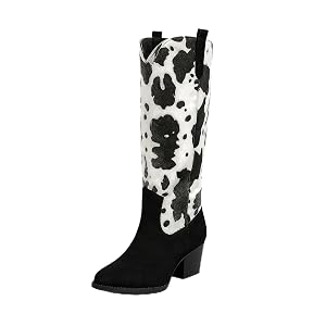 Womens Western Cowboy Boots Classic Cowgirl Boots with Brown Embroidery Pointed Toe Block Heel Knee High Rodeo Boots