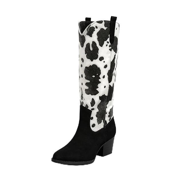 Womens Western Cowboy Boots Classic Cowgirl Boots with Brown Embroidery Pointed Toe Block Heel Knee High Rodeo Boots