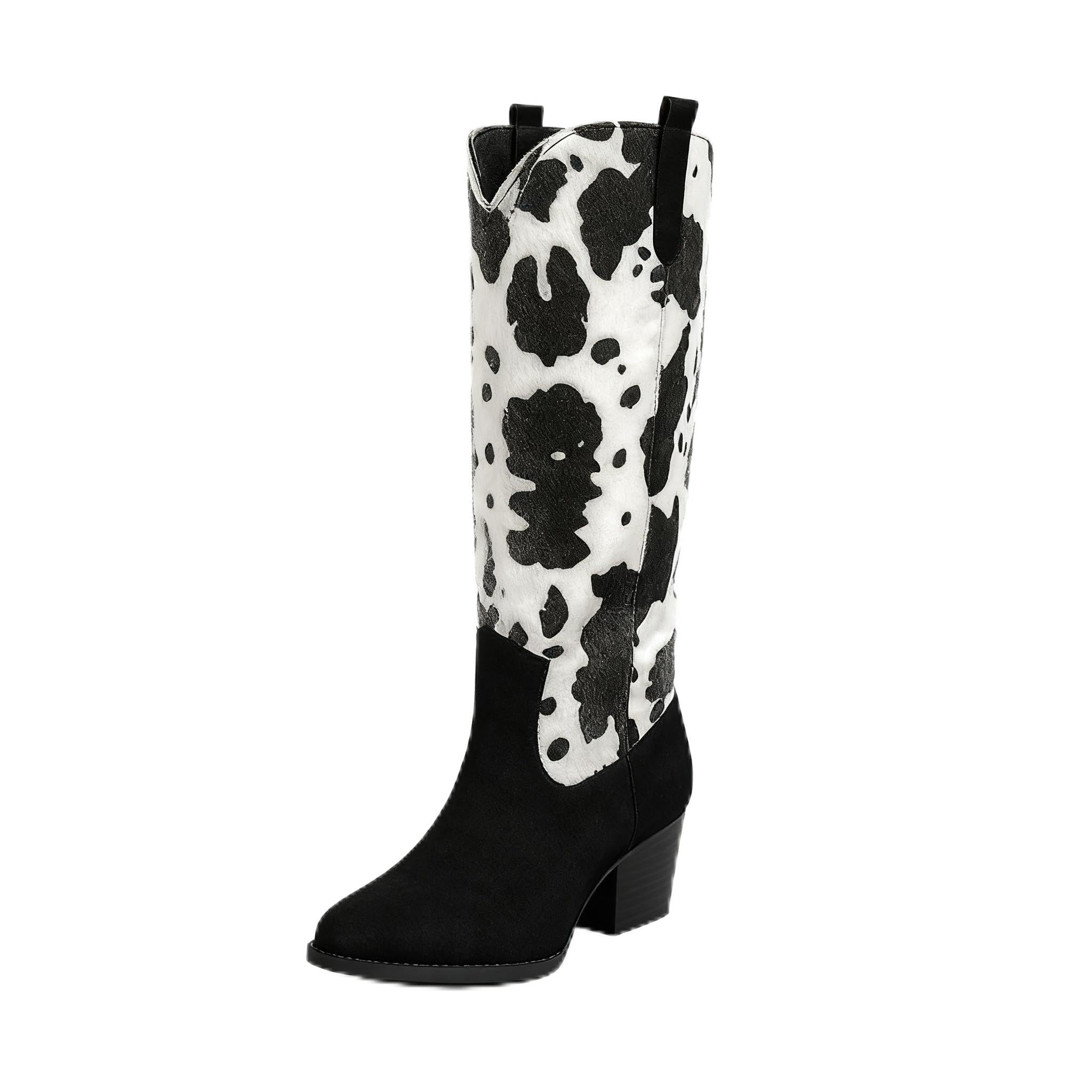 Womens Western Cowboy Boots Classic Cowgirl Boots with Brown Embroidery Pointed Toe Block Heel Knee High Rodeo Boots