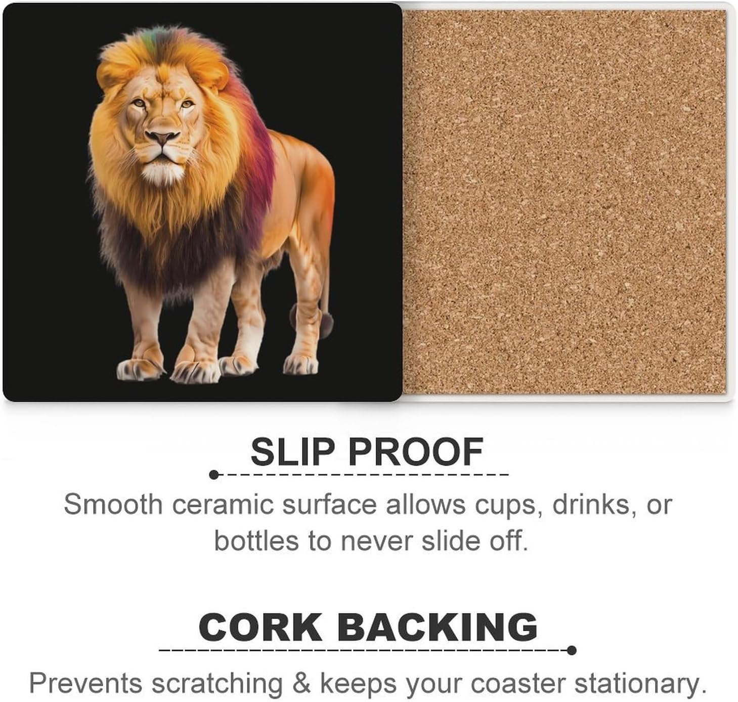 Rainbow Lion Male Funny Ceramic Coasters for Drinks Absorbent Cup Holder Tabletop Protector with Cork Base