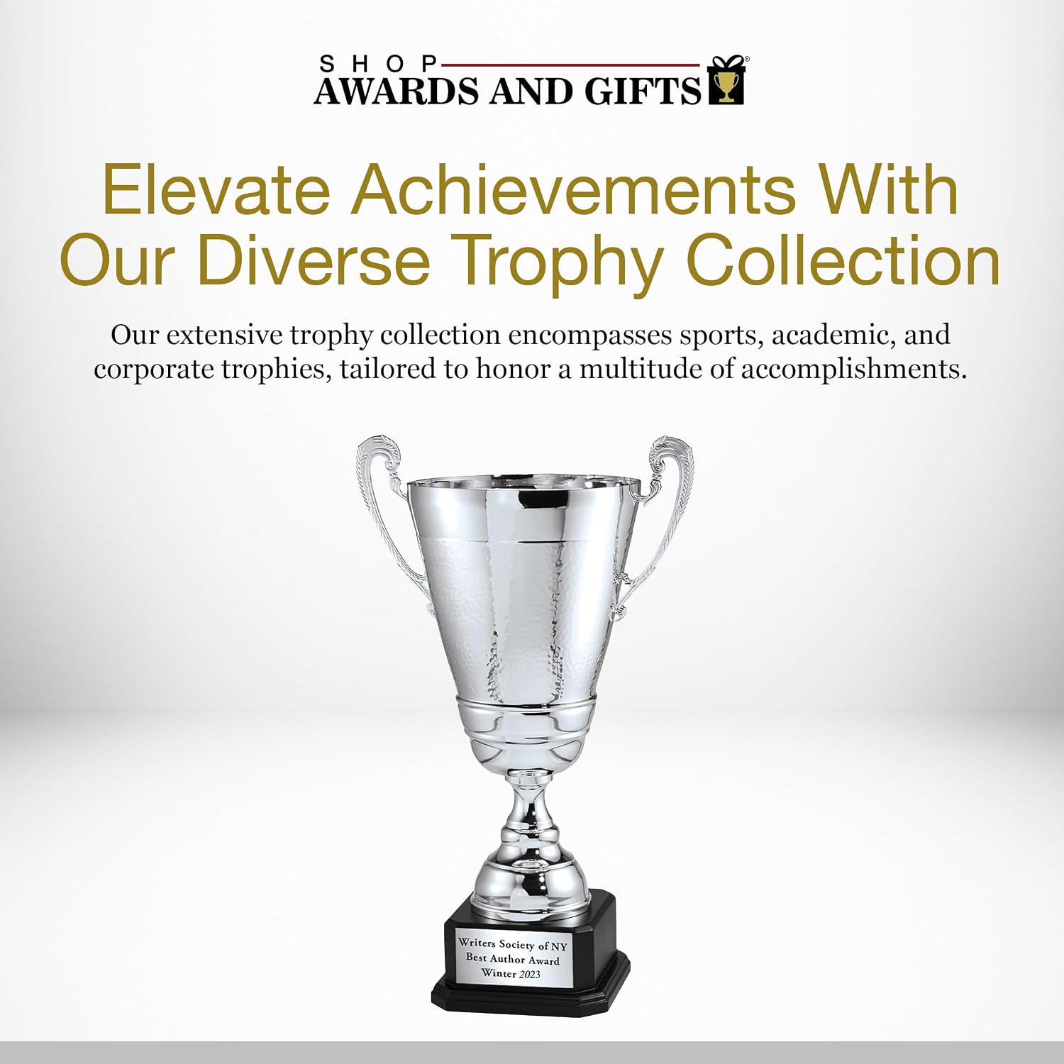 SHOP AWARDS AND GIFTS Large Italian Silver Custom Trophy Award Cup on Black Base, Personalized Engraved, 24 Inch