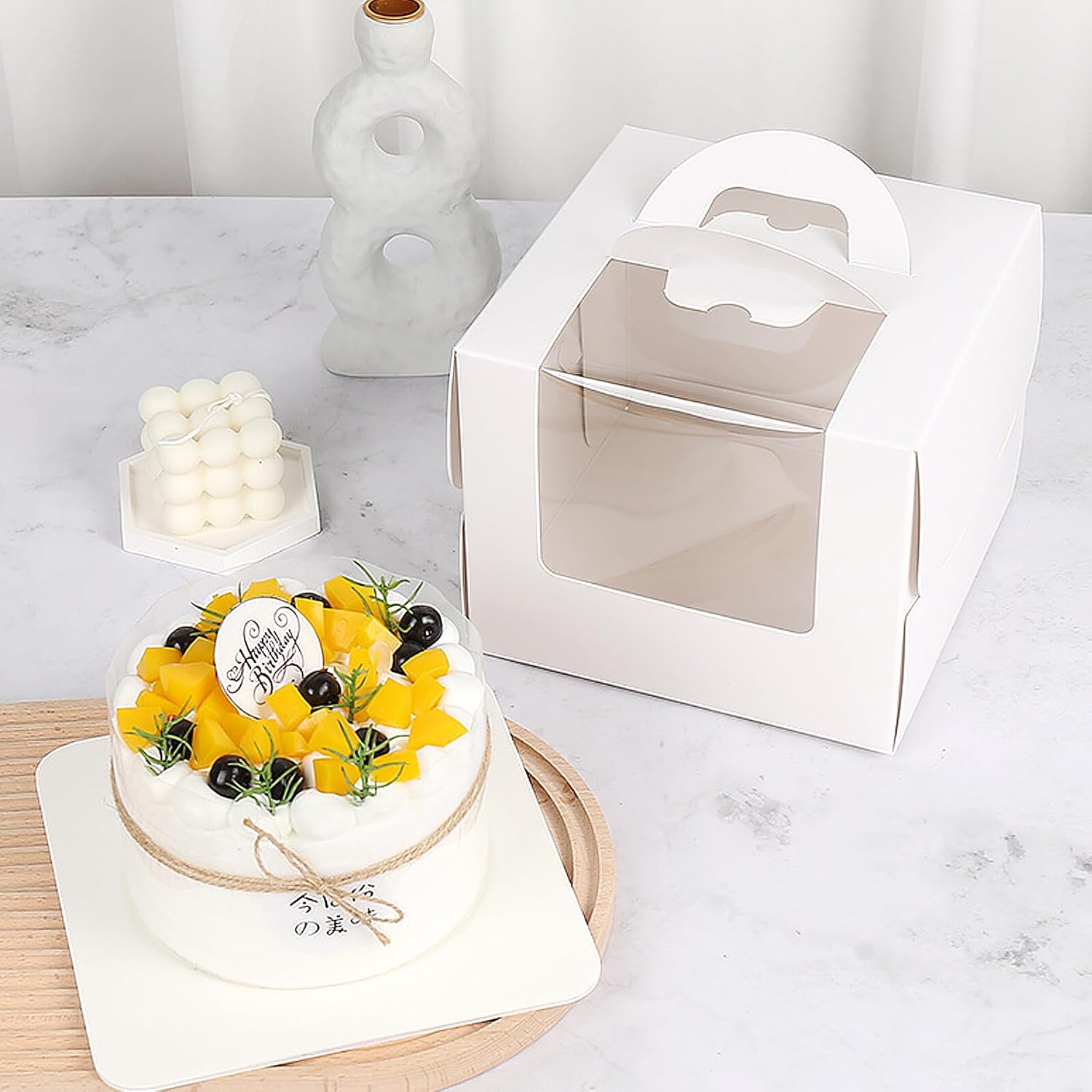 4-inch White Cake Boxes with Large Window Portable Birthday Cake Storage Containers Dessert Wrapping and Baking Boxes 4pcs for Fruit and Mousse Packaging