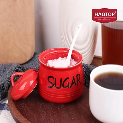 Miniatura 5 de HAOTOP Azucarero de porcelana con tapa y cuchara 12 oz (rojo)