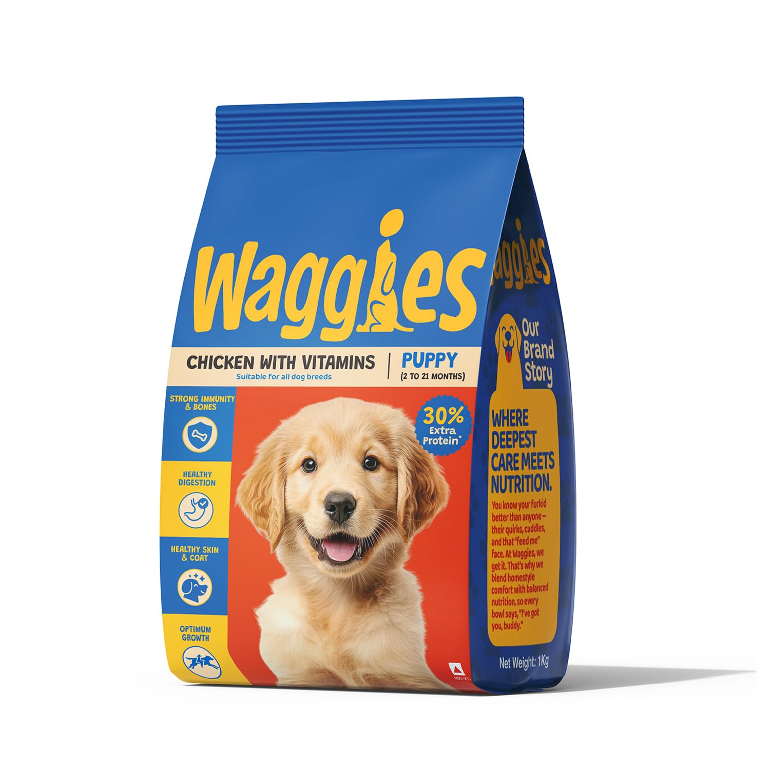 Waggies Puppy Dry Dog Food,1 kg Pack, Chicken with Vitamins, Complete Nutrition for Puppies 2–21 Months, Supports Growth, Digestion & Healthy Skin & Coat, All Breeds