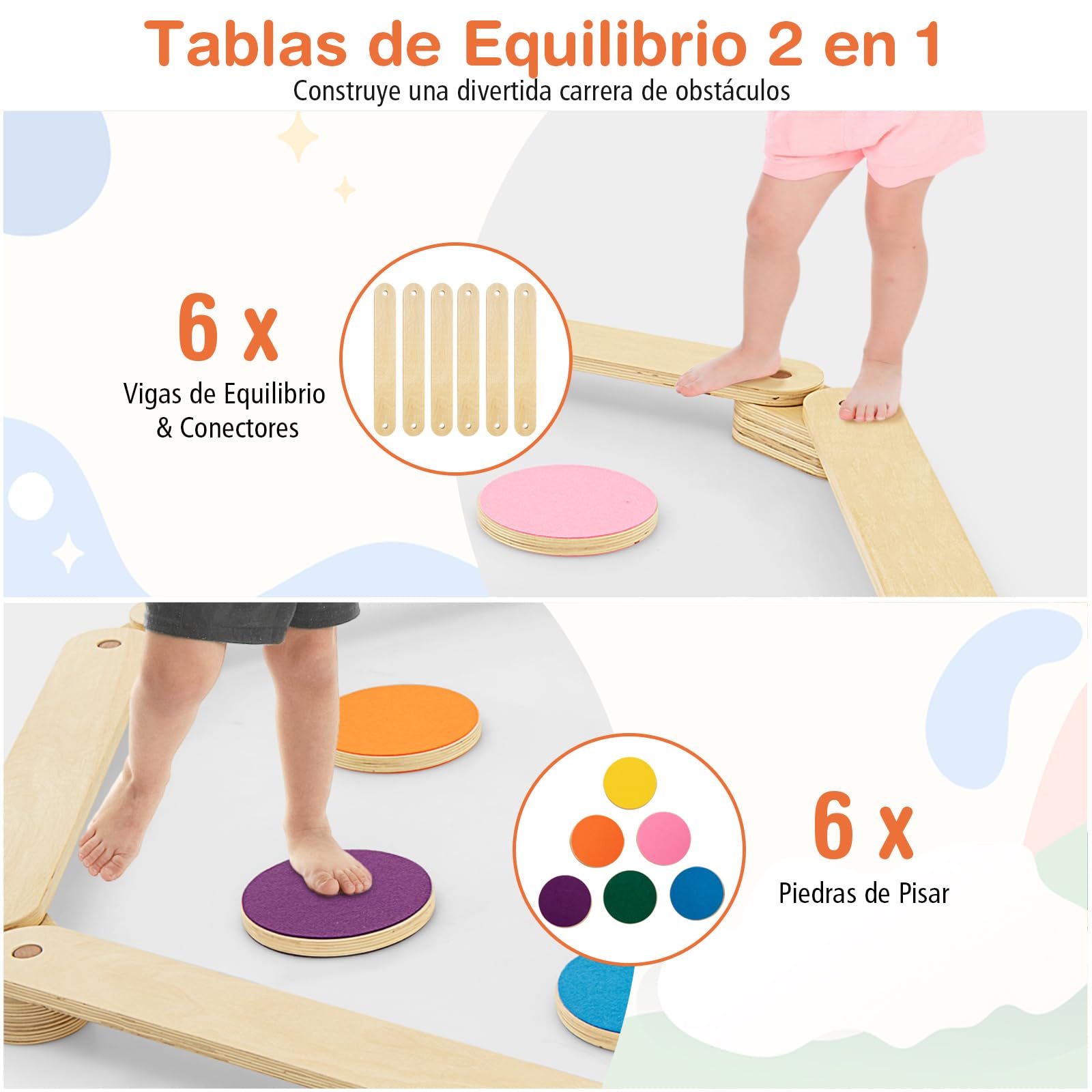 COSTWAY Barra de Equilibrio de Madera y Piedrecita, Carrera de Obstáculos de Gimnasia para Niños de 12 Piezas, Juguete Montessori de Madera para Interior/Exterior, Regalo para Niños de 3 a 7 Años