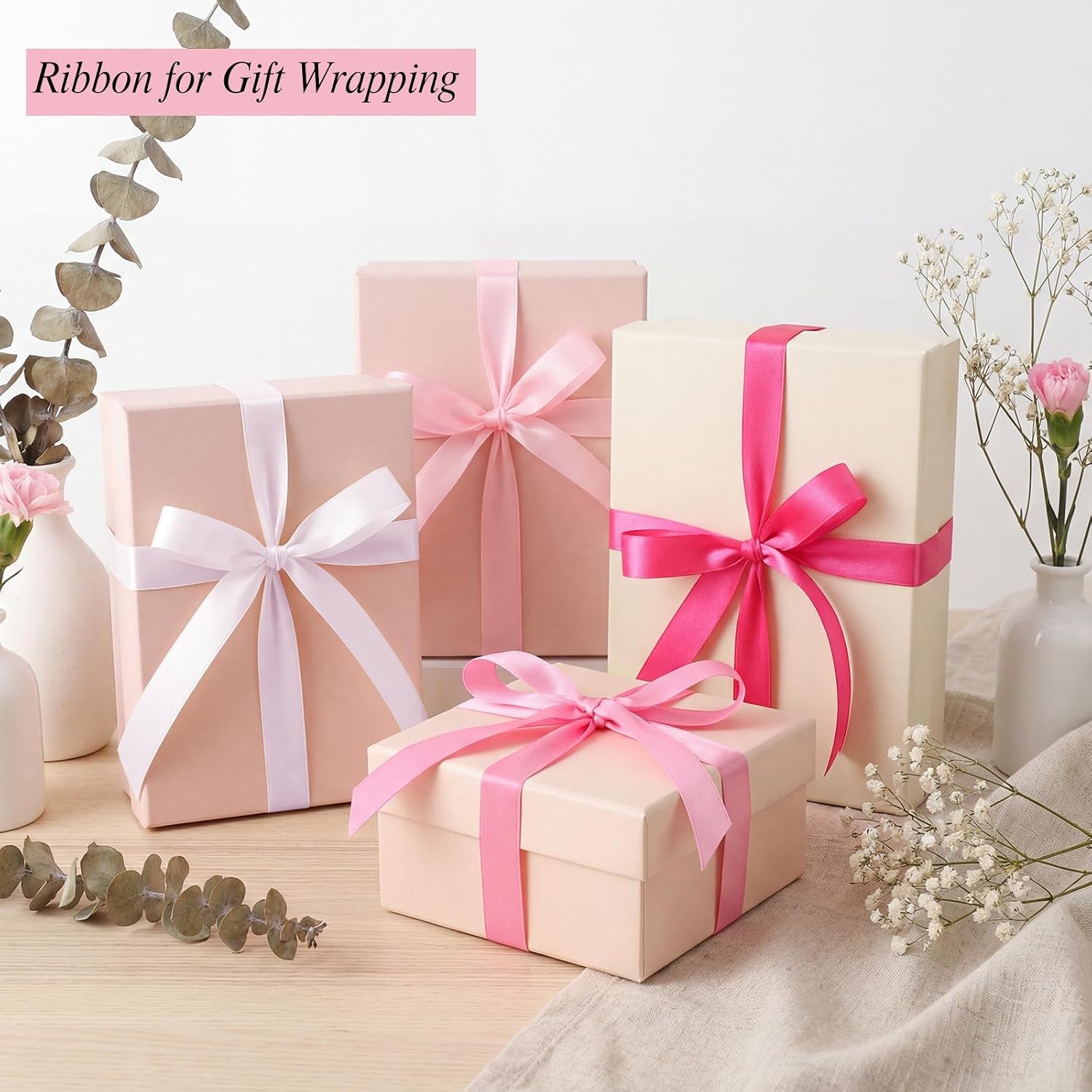 woric 120 Yards Pink Satin Ribbon 3/8 Inch x 4 Rolls(30 Yd/Roll) Pink Bows Thin Hair Ribbon for Baby Girls Graduation Leis Kids Crafts Cake Bridal Shower Wedding Decoration