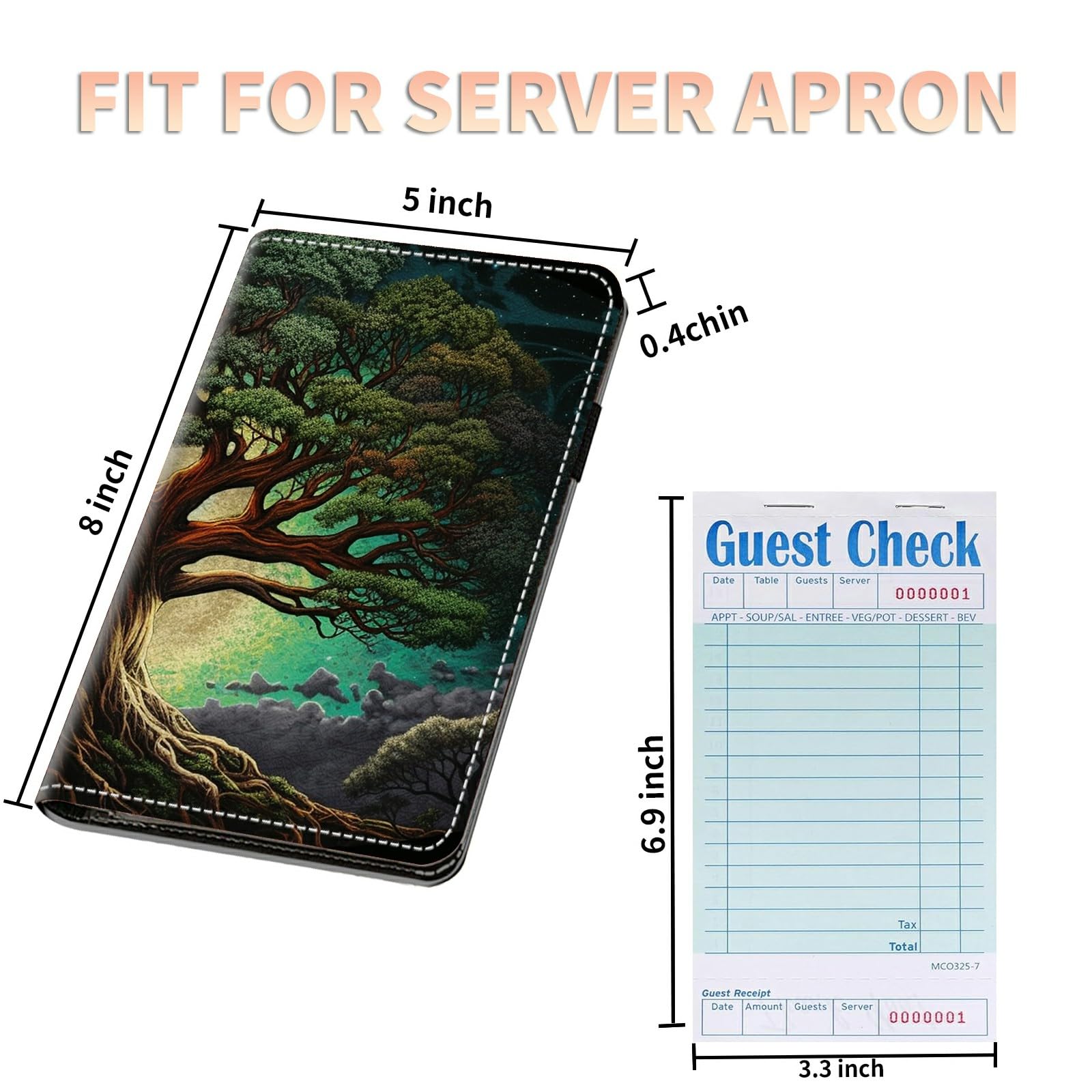 Server Books Plus 2 Pack Guest Checks Pads for Waitress Waiter, Art Tree Server Booklet Waitstaff Organizer with Zipper Pocket Guest Check Presenters Server Wallet Money Holder (5