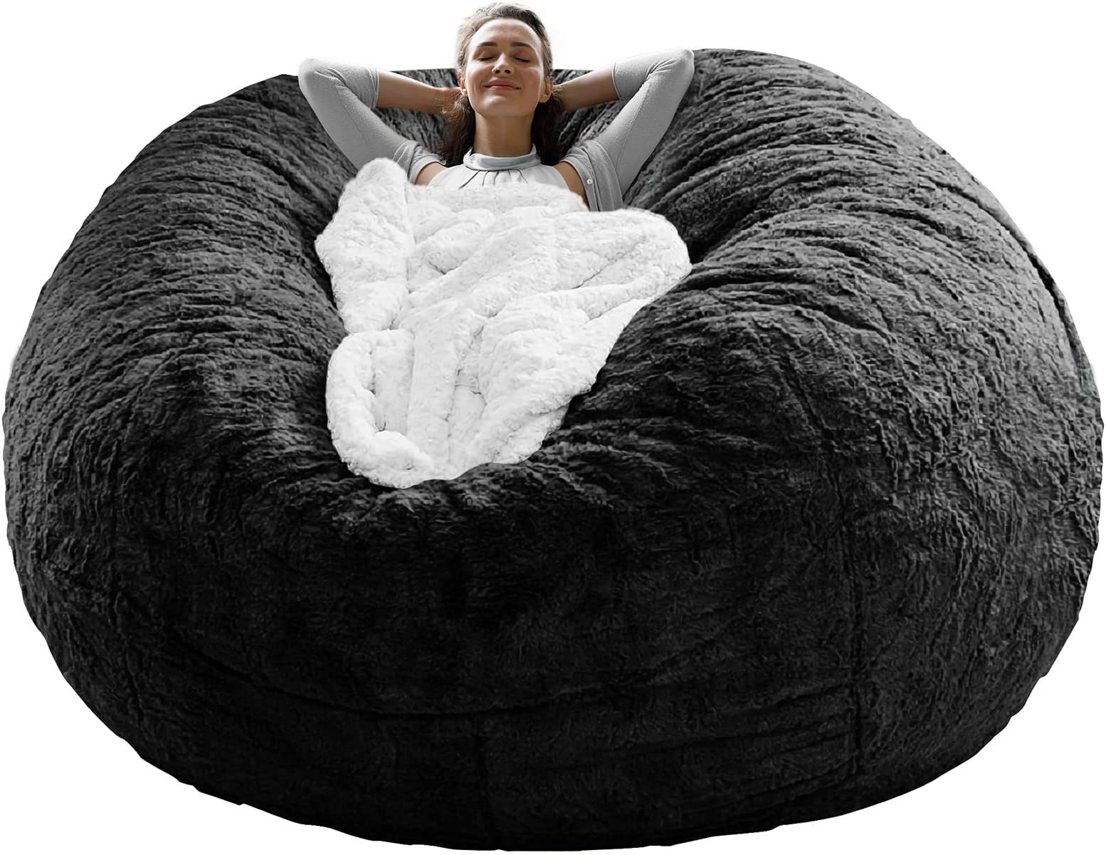 Cookit Bean Bag Chair Cover(Cover Only,No Filler) Chair Cushion, Big Round Soft Fluffy PV Velvet Washable Lazy Sofa Bed Cover, Living Room bedroom Furniture,6ft/180cm Black