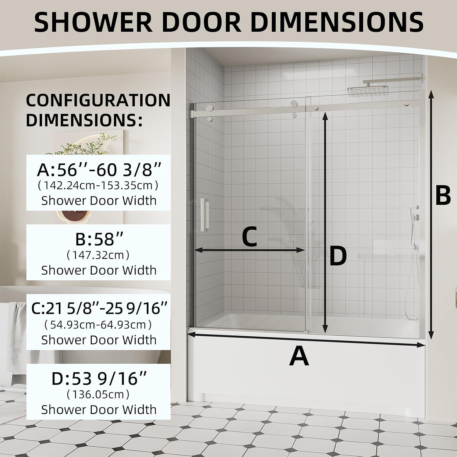 ACE DECOR 56-60" W x 58" H Frameless Bathtub Sliding Doors, Glass Shower Door for Tub with 5/16" (8mm) Clear SGCC Tempered Glass, Chrome Finish Shower Doors, Reversible Installation