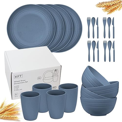 Miniatura 1 de Juego de vajilla de paja de trigo de 24 piezas para 4 platos ligeros e irrompibles, aptos para microondas y lavavajillas, perfecto para campamento,