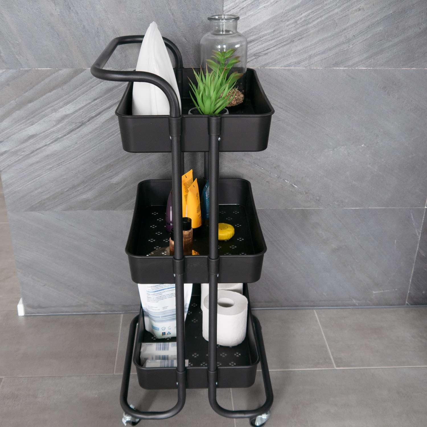 INTIRILIFE Carrello a 3 piani in Nero - 85 x 34 x 42 cm - Carrello da servizio con manico, carrello portaoggetti, per cucina, bagno, ufficio, ecc.