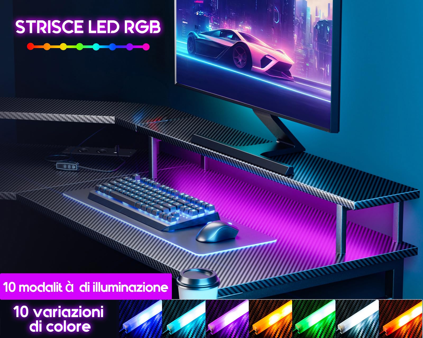 ODK Scrivania Gaming con LED, Scrivania Gaming Angolare con Prese e Porte USB, Supporto per Monitor, Nero Fibra di Carbonio, 129x129 cm