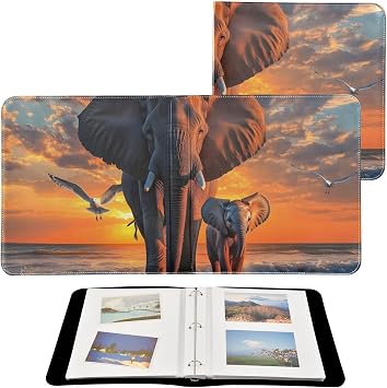 Elephant Sunset Seagull Large Photo Album Self Adhesive 3 Ring Binder Picture Album with Leather the Scrapbook Hand Made DIY Albums for 4x6, 5x7, 6x8, 8x10 Pictures, 20 Sheets