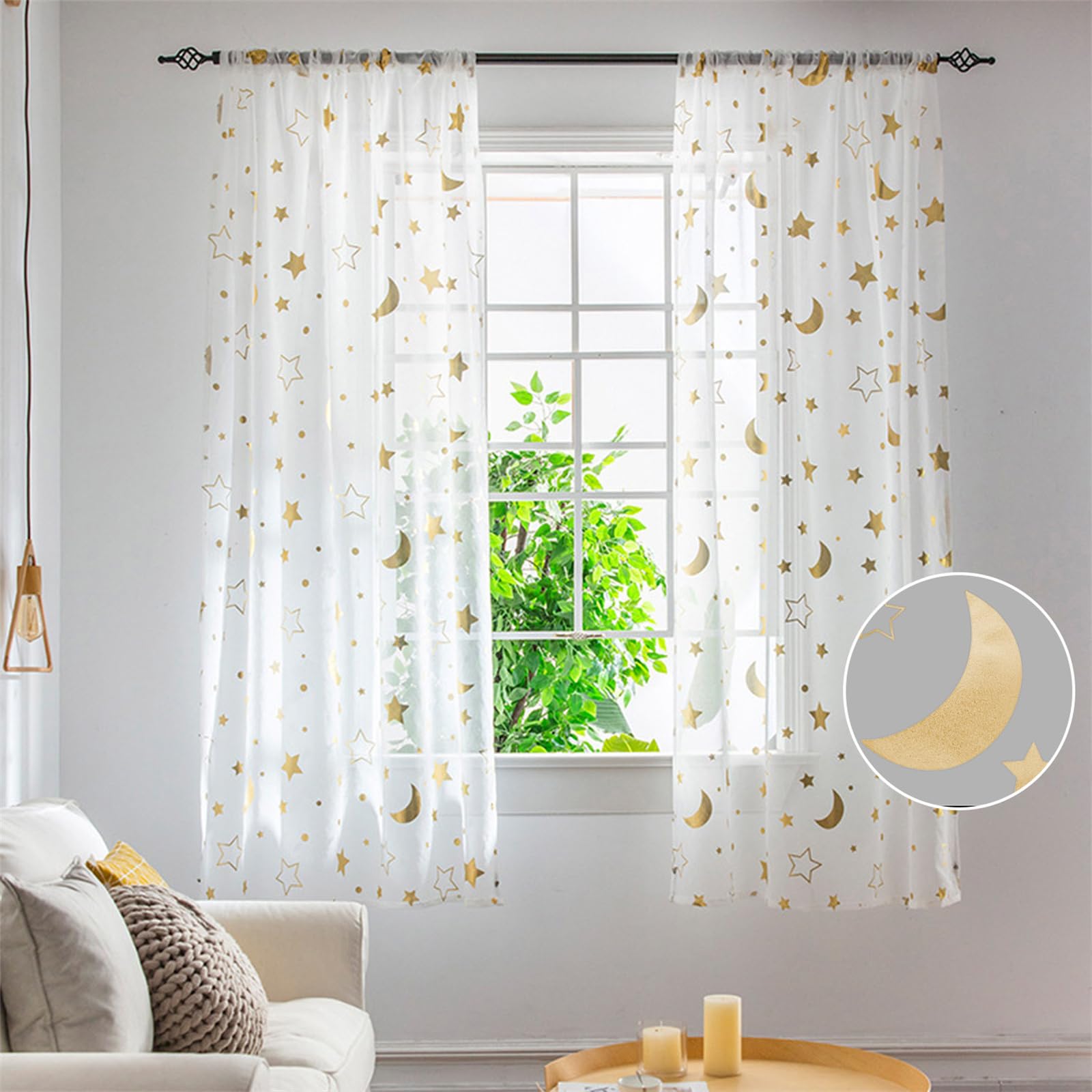 Freyamy Transparent Sterne Vorhang kinderzimmer vorhänge Mädchen Spitze Voile Spitzenvorhänge mit Stangendurchzug für Wohnzimmer halbtransparent Stangentaschenvorhang Gardinen 100x130cm,Gold,2er Set