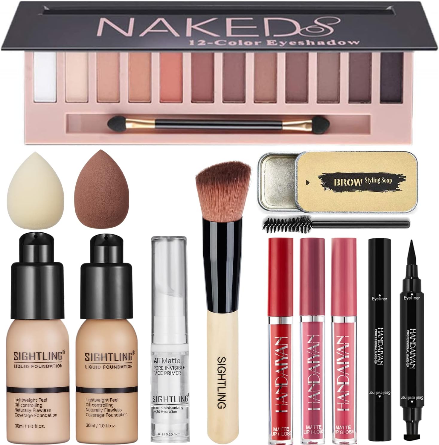 All in One Makeup Kit, Includes 12 Colors Eyeshadow Palette, SIGHTLING Foundation & Face Primer, Makeup Brush, Makeup Sponge, Eyebrow Soap, Winged Eyeliner Stamp, Gift Set for Women, Girls & Teens