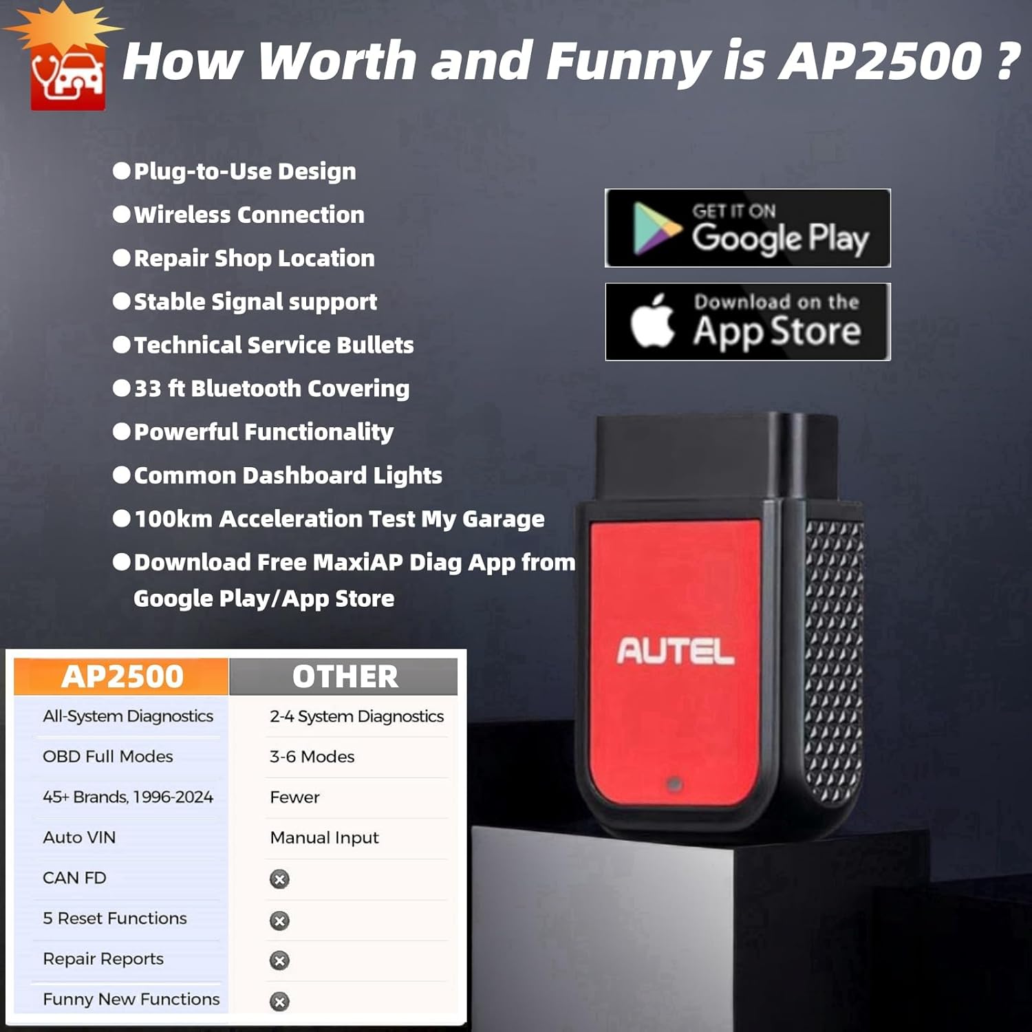 Autel MaxiAP AP2500 OBD2 Scanner Bluetooth Code Reader, Upgrade of AP200/AP200C/AP200H/AP200M, Better AP2500E, Auto Scanner Car Scan Tool, 5 DIY Servies, 45+ Car Brands, Compatible Android/iOS Phones