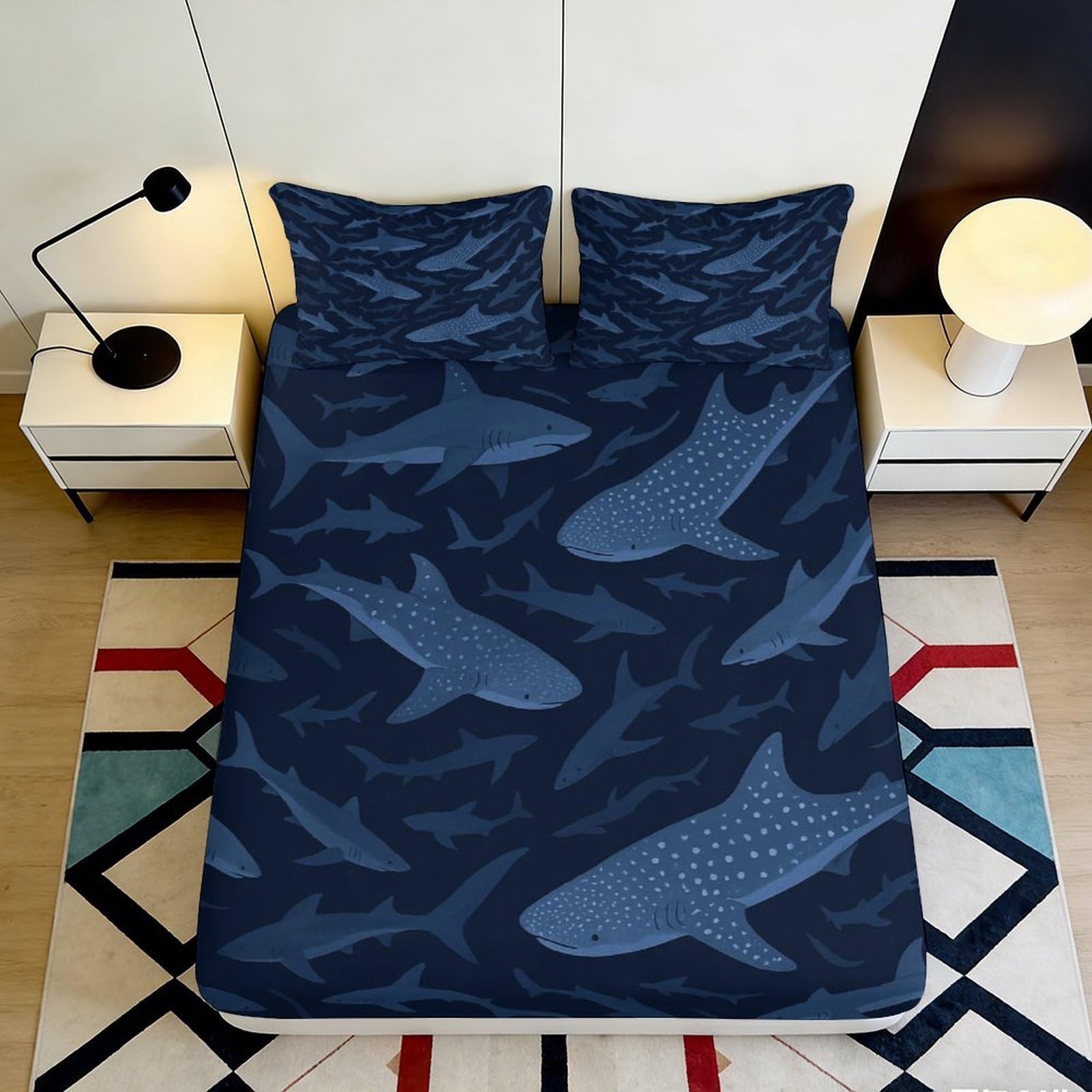 3D Printed Shark Ocean Fitted Sheet Microfiber Soft Deep Blue Whale Mattress Cover Bedroom Decor Easy Care 120x200x25cm