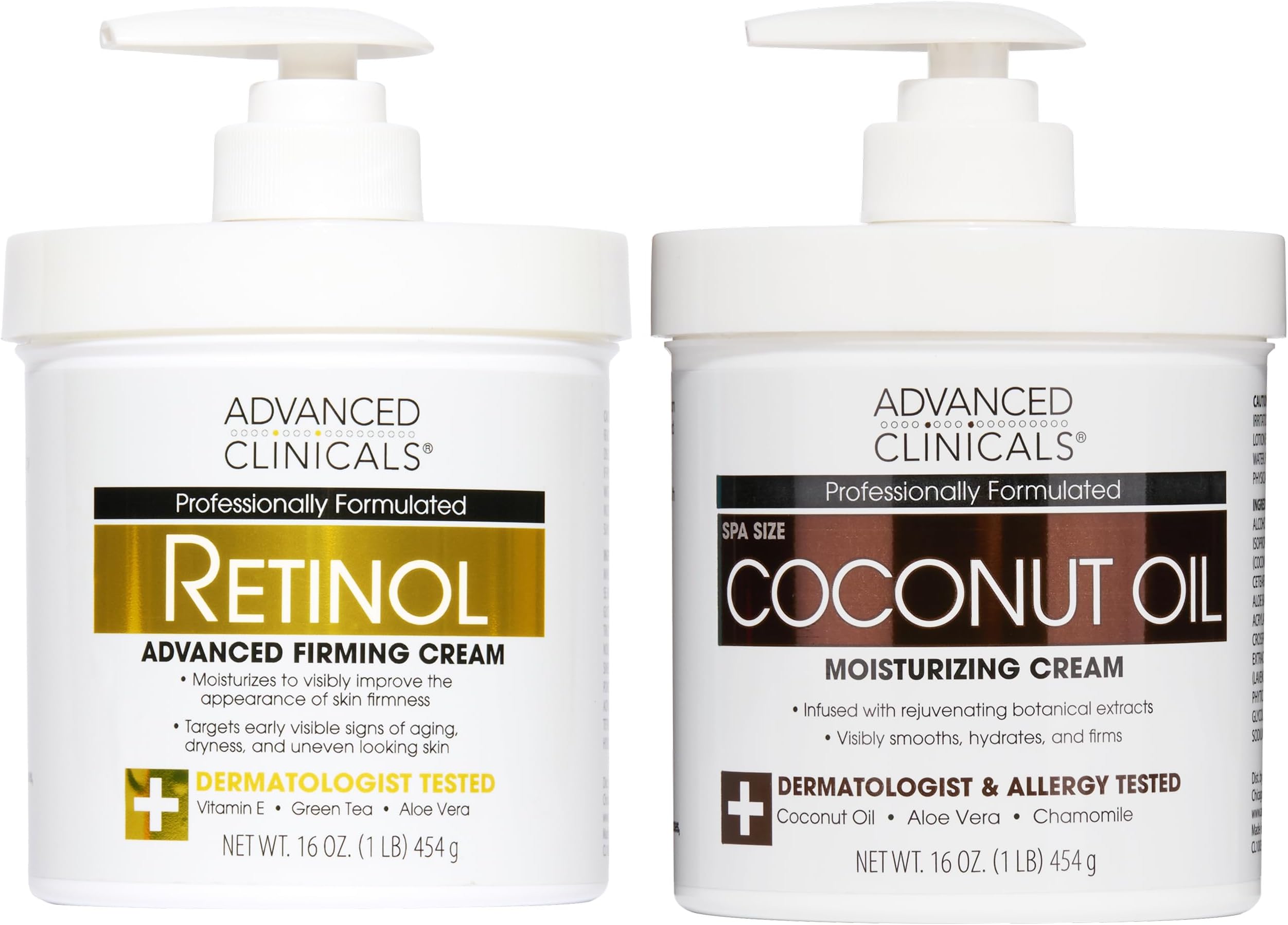Advanced Clinicals Unscented Retinol Body Lotion & Face Moisturizer + Coconut Oil Body Cream For Women & Men | 2PC Skincare Set Helps Reduce Appearance Of Crepey Skin + Irritated Dry Skin, 2pc Set