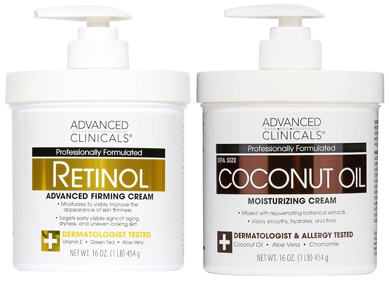 Advanced Clinicals Conjunto com 2 Hidratantes Corporais e Faciais: Loção com Retinol e Creme com Óleo de Coco