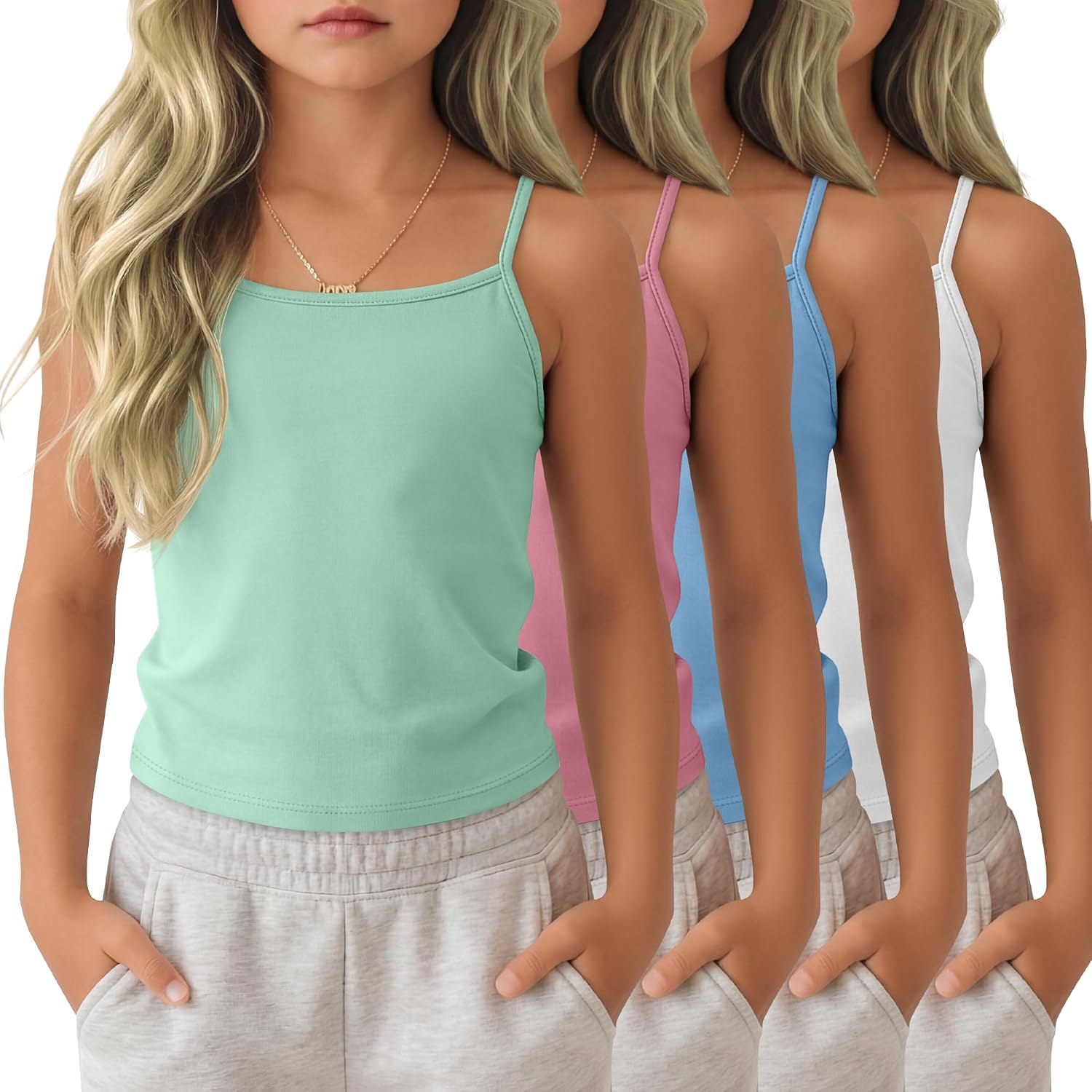4 Pack Girls Camisole Tank Tops Kids Soft Breathable Cami Basic Undershirt Sleeveless Summer Shirts 5-14 Years