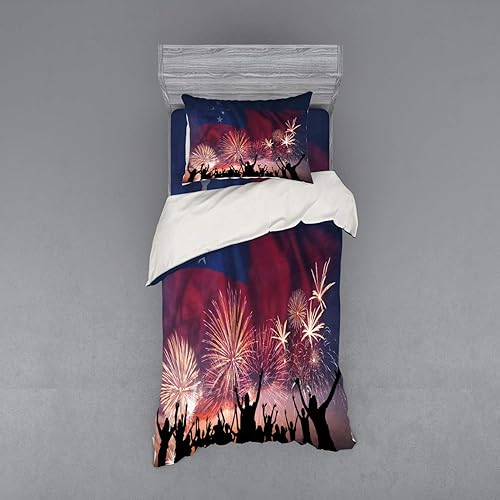 Miniatura 5 de Lunarable Samoa Duvet Cover Set, Celebration Themed Illustration with Happy People Silhouettes Fireworks and Flag, 4 Piece Bedding Set with Shams