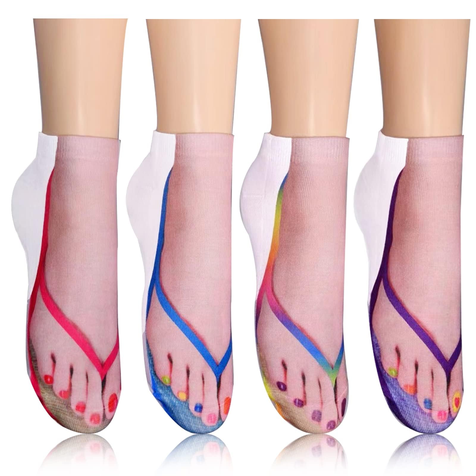4 Pairs Flip Flop Socks 3D Pattern Women's Novelty Socks Manicure Print Funny Hidden Running Personalized Low Cut Ankle Socks
