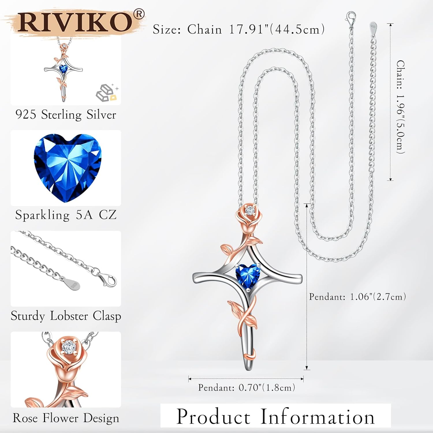 RIVIKO Rose Flower Cross Necklace for Women,925 Sterling Silver Birthstone Necklaces Heart Pendant,Cross Jewelry Anniversary Birthday Gifts for Women Wife Mom Lady - Image 5