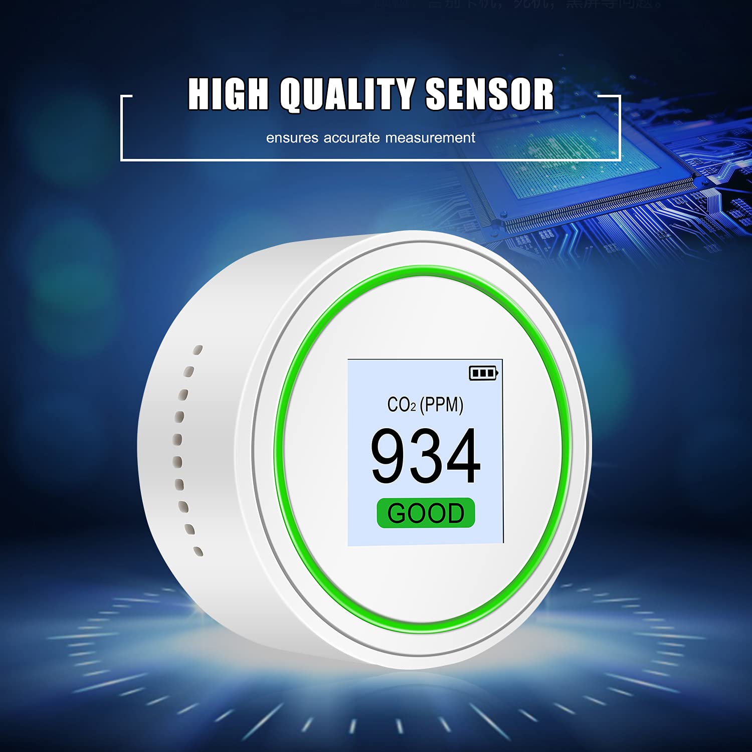 BAtlam Probador y CO2 Detector de Calidad del Aire Tamaño de la Palma de la Mano Probador de Calidad del Aire Monitor de Calidad del Aire de Alta precisión para CO2 y con recordatorio de luz y Sonido